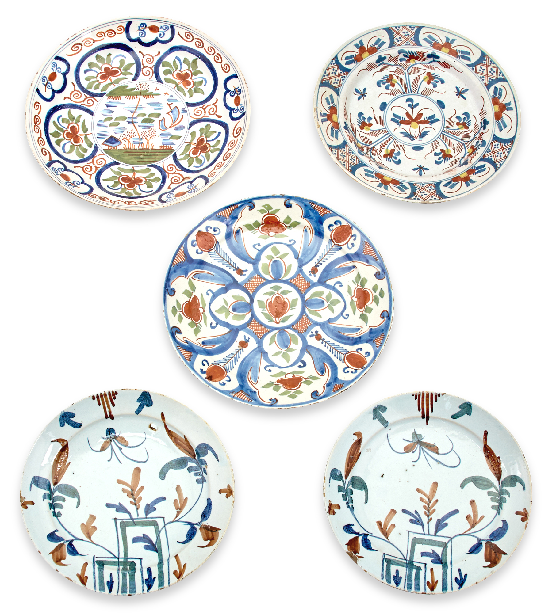 Lot image - Five Delft Polychrome Plates