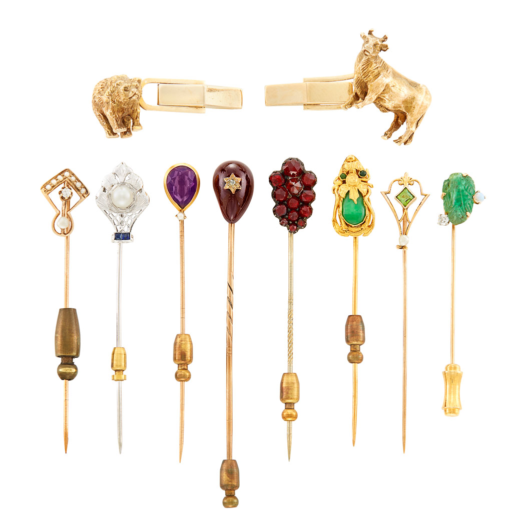 Lot image - Pair of Gold Bull and Bear Cufflinks and Eight Mixed Metal and Gem-Set Stickpins