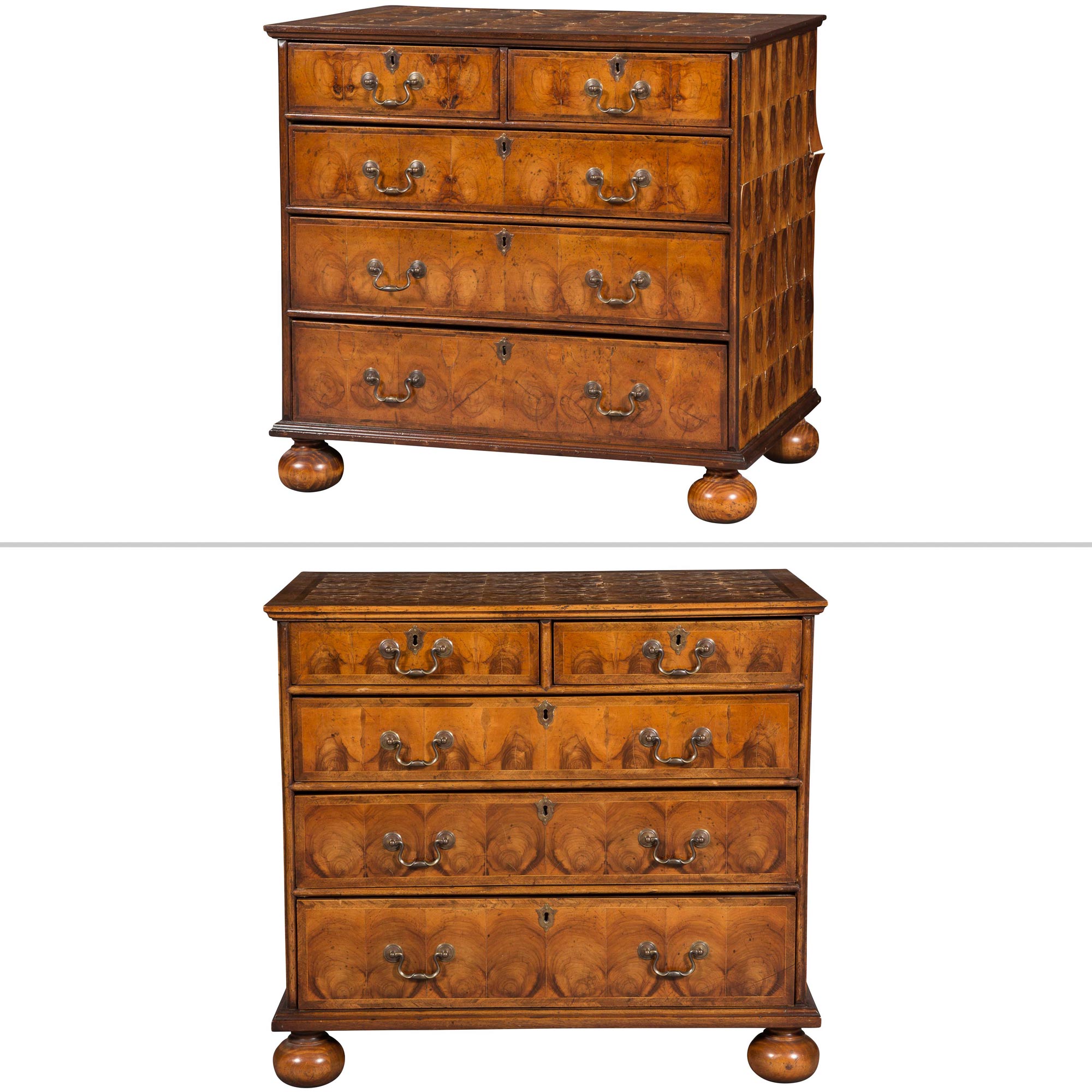 Lot image - Two Queen Anne Style Oyster-Veneered Walnut Chest of Drawers