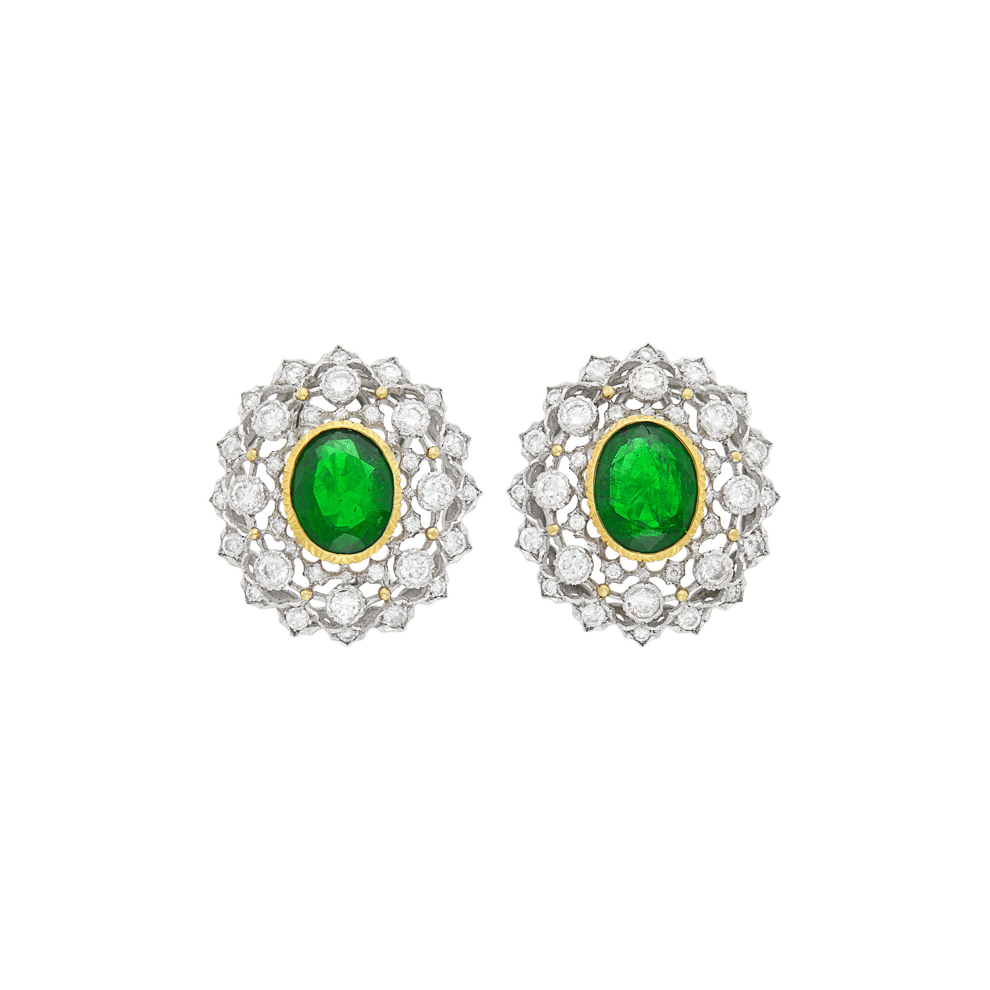 Lot image - Mario Buccellati Pair of Two-Color Gold, Emerald and Diamond Earrings
