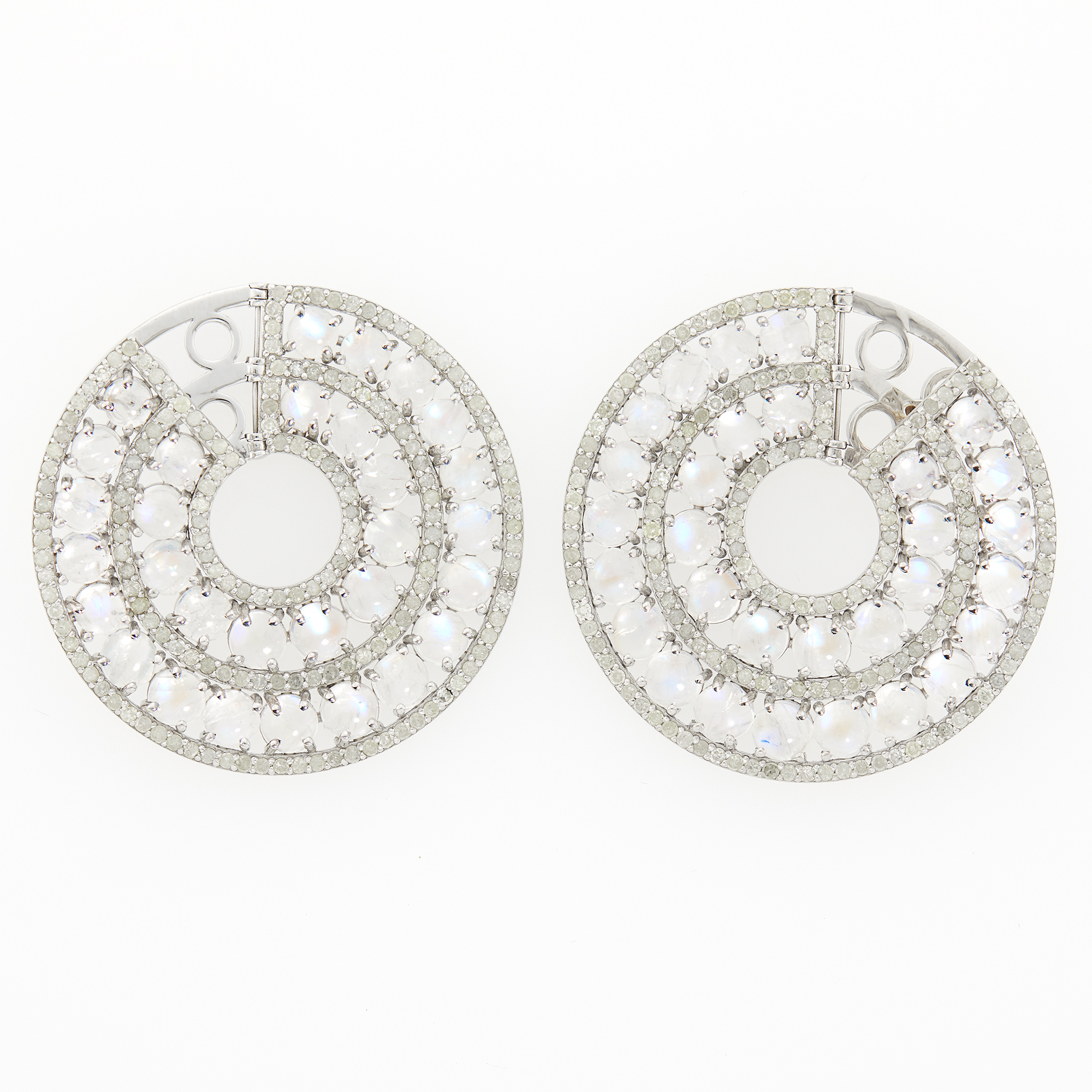 Lot image - Pair of Silver, Moonstone and Diamond Hoop Earrings