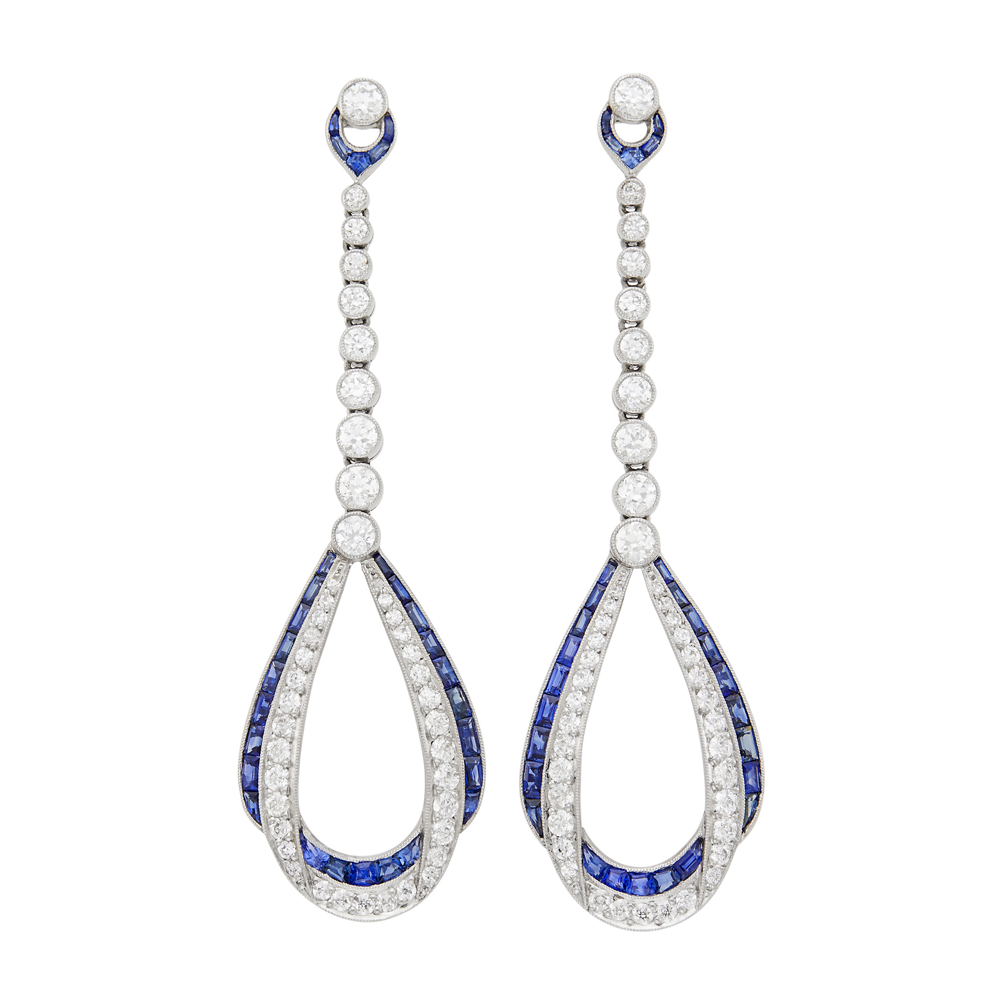 Lot image - Pair of Platinum, Diamond and Sapphire Pendant-Earrings