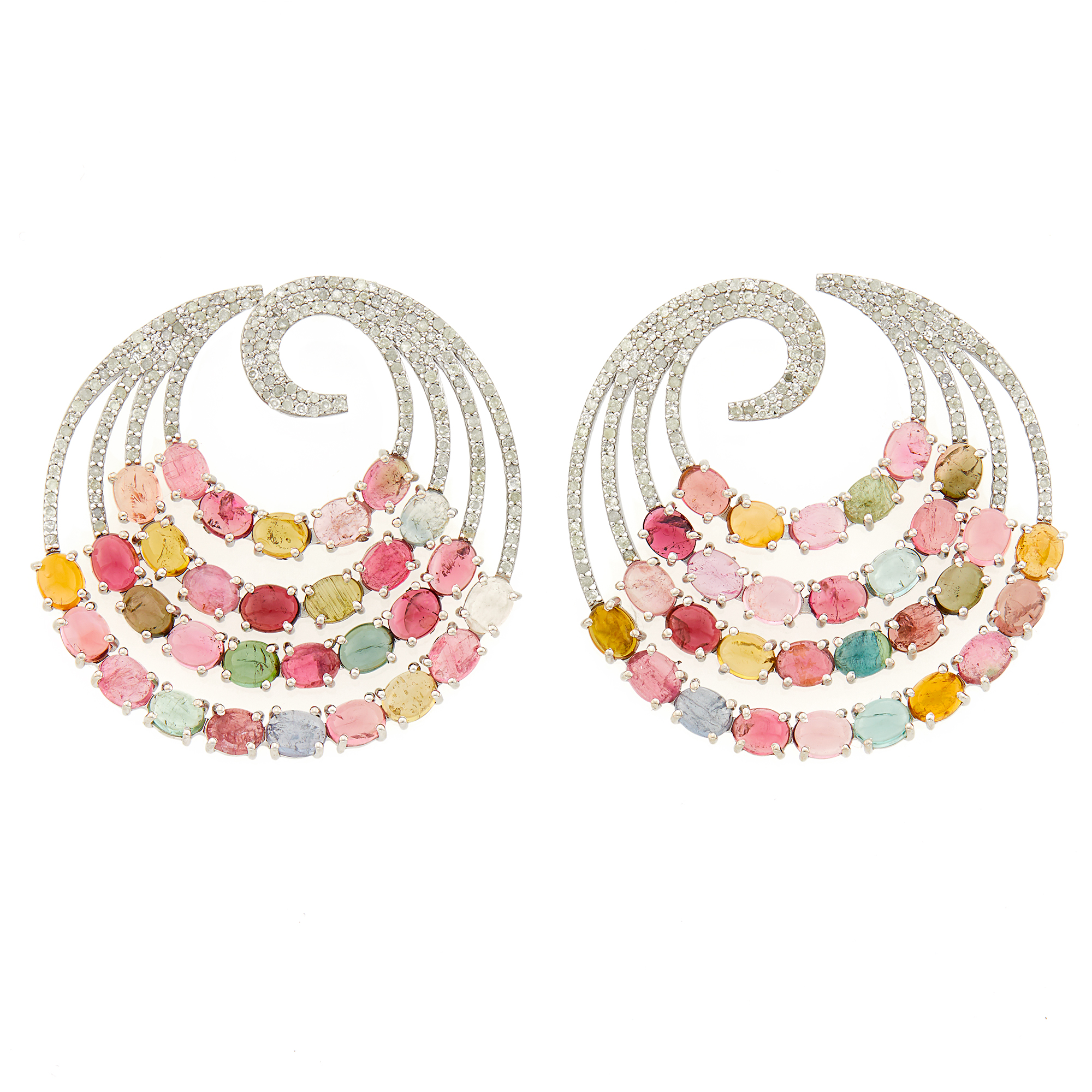 Lot image - Pair of Gold, Silver, Multicolored Cabochon Tourmaline and Diamond Earrings