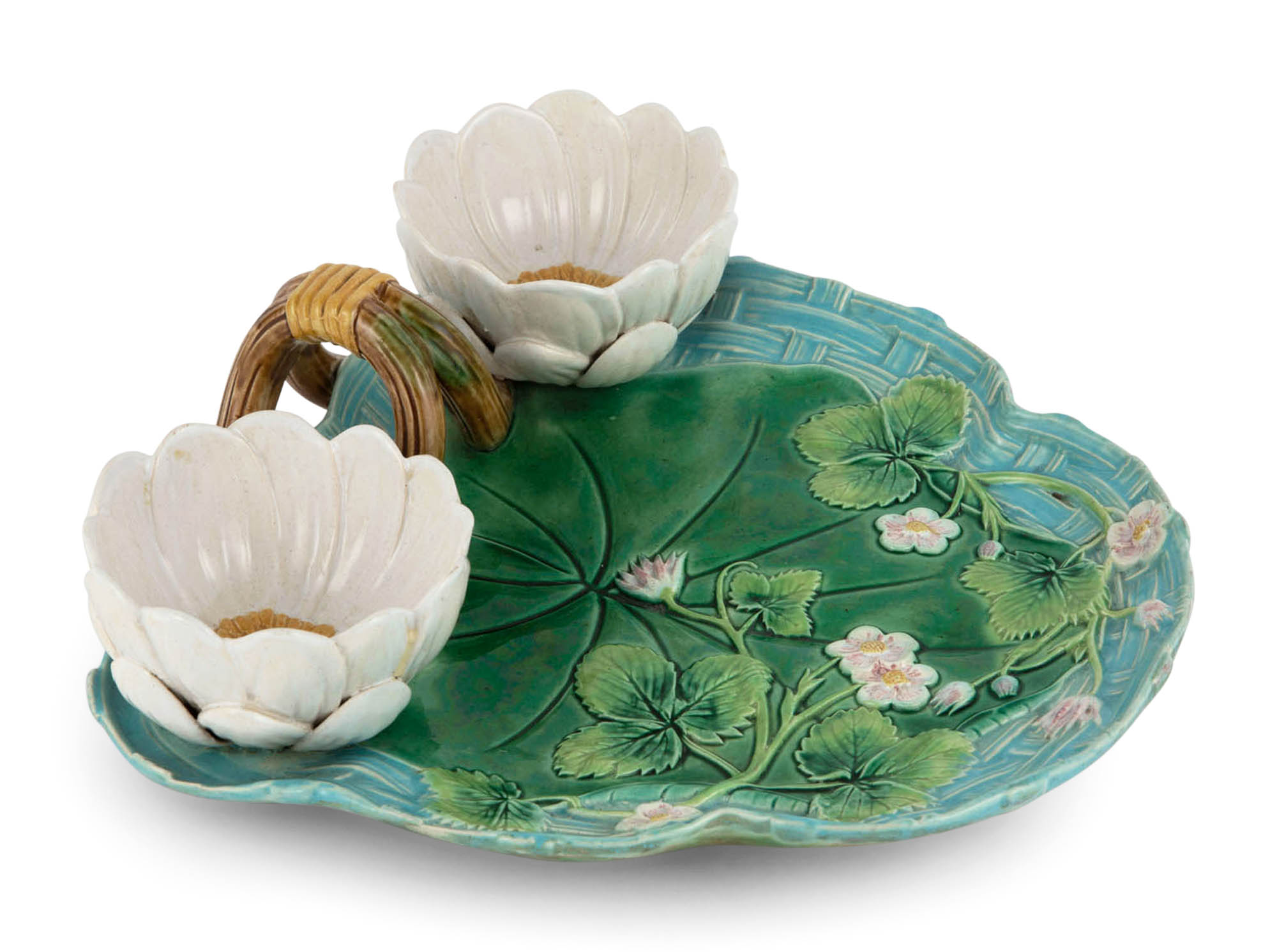 Lot image - George Jones Majolica Turquoise and Green Ground Strawberry Server