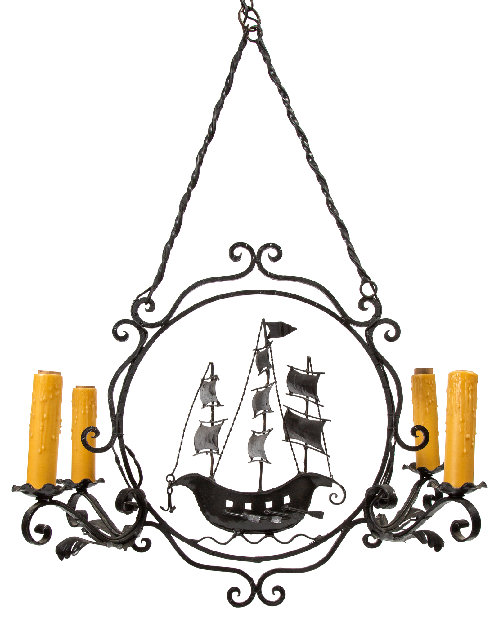 Lot image - Iron Sailboat-Form Four-Light Chandelier