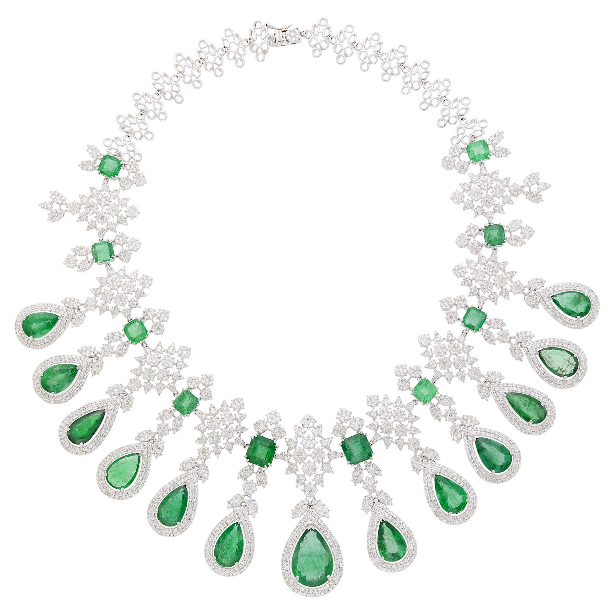 Lot image - White Gold, Emerald and Diamond Fringe Necklace