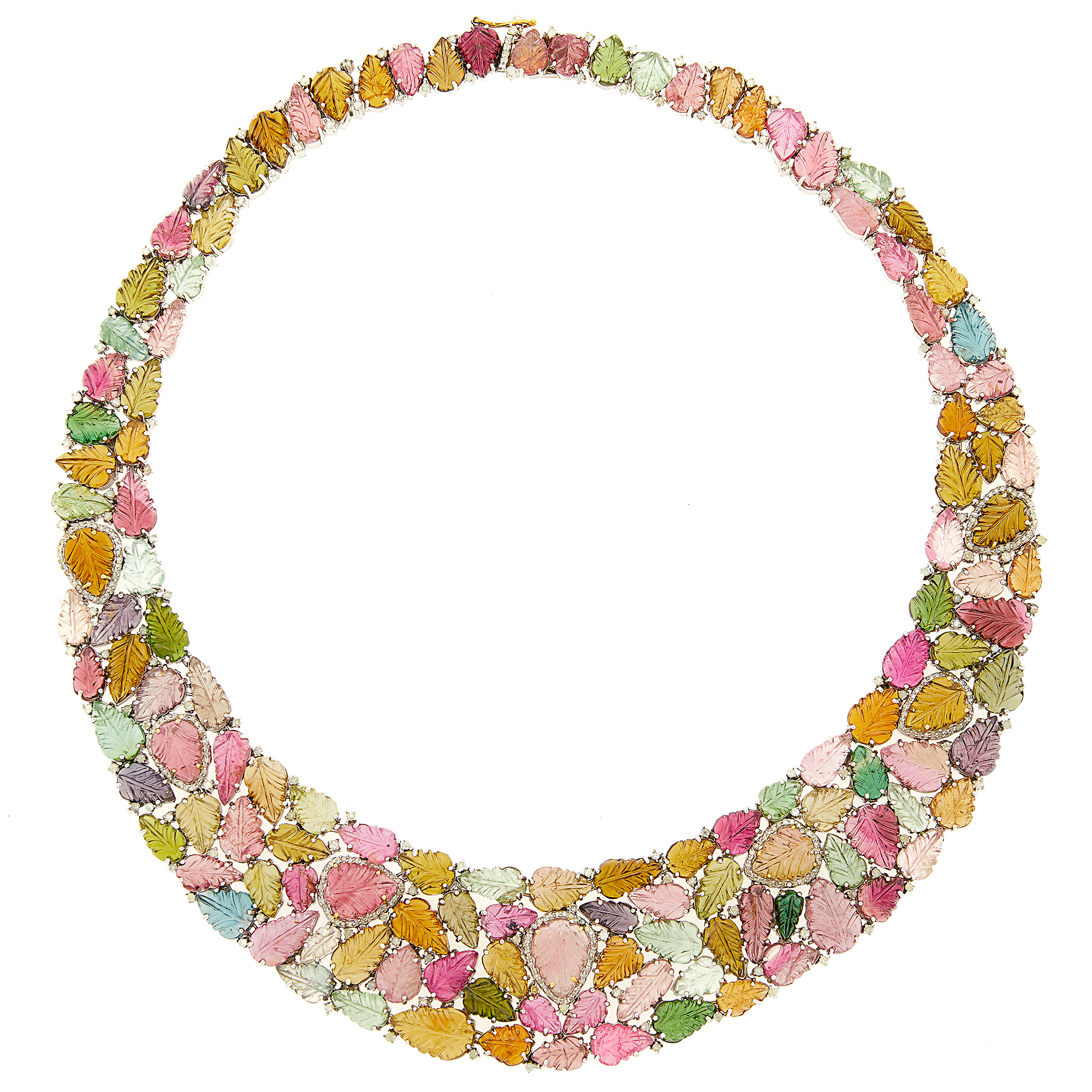 Lot image - Silver, Carved Multicolored Tourmaline and Diamond Bib Necklace