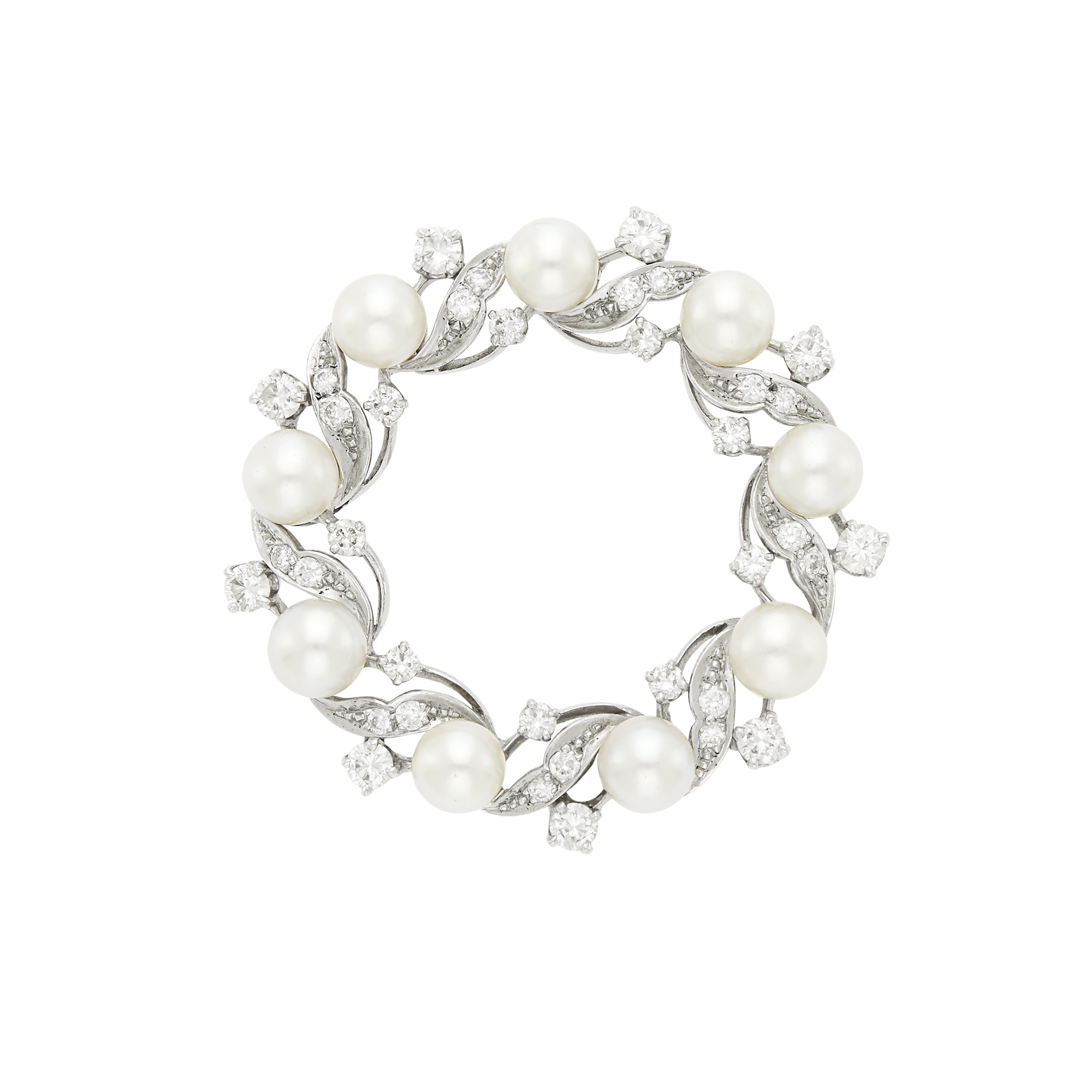 Lot image - Shreve, Crump & Low Platinum, Cultured Pearl and Diamond Circle Brooch