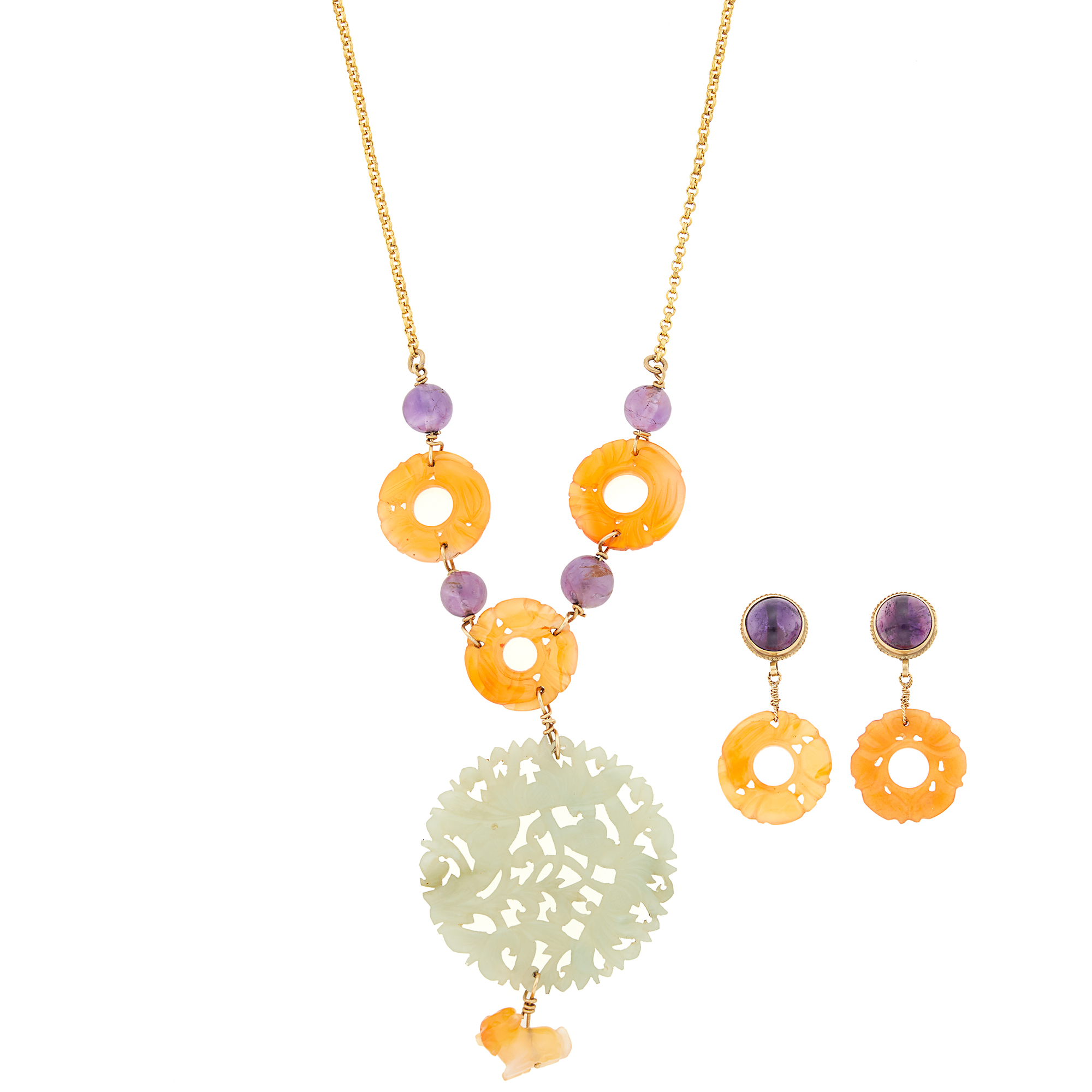 Lot image - Low Karat Gold-Filled, Gold, Carved Orange and Green Jade and Amethyst Bead Necklace and Pair of Pendant-Earrings
