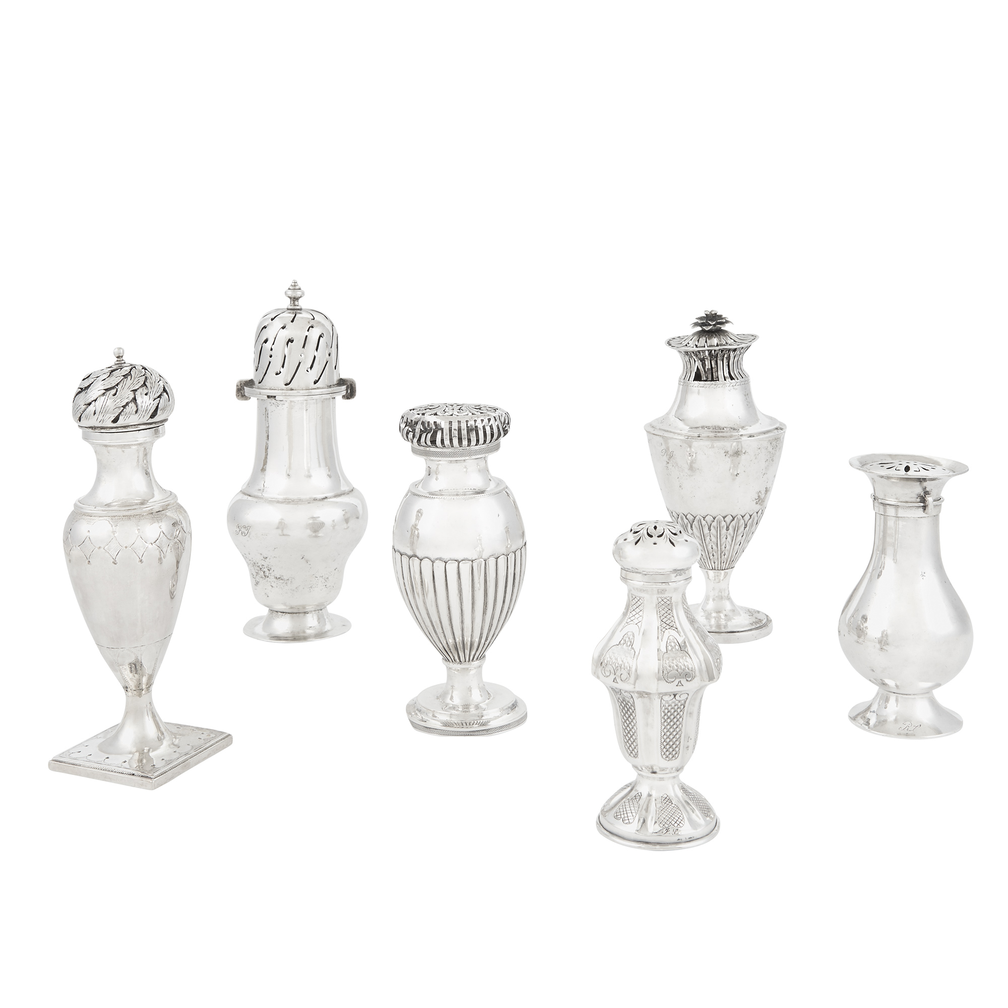 Lot image - Group of Six Continental Silver Casters