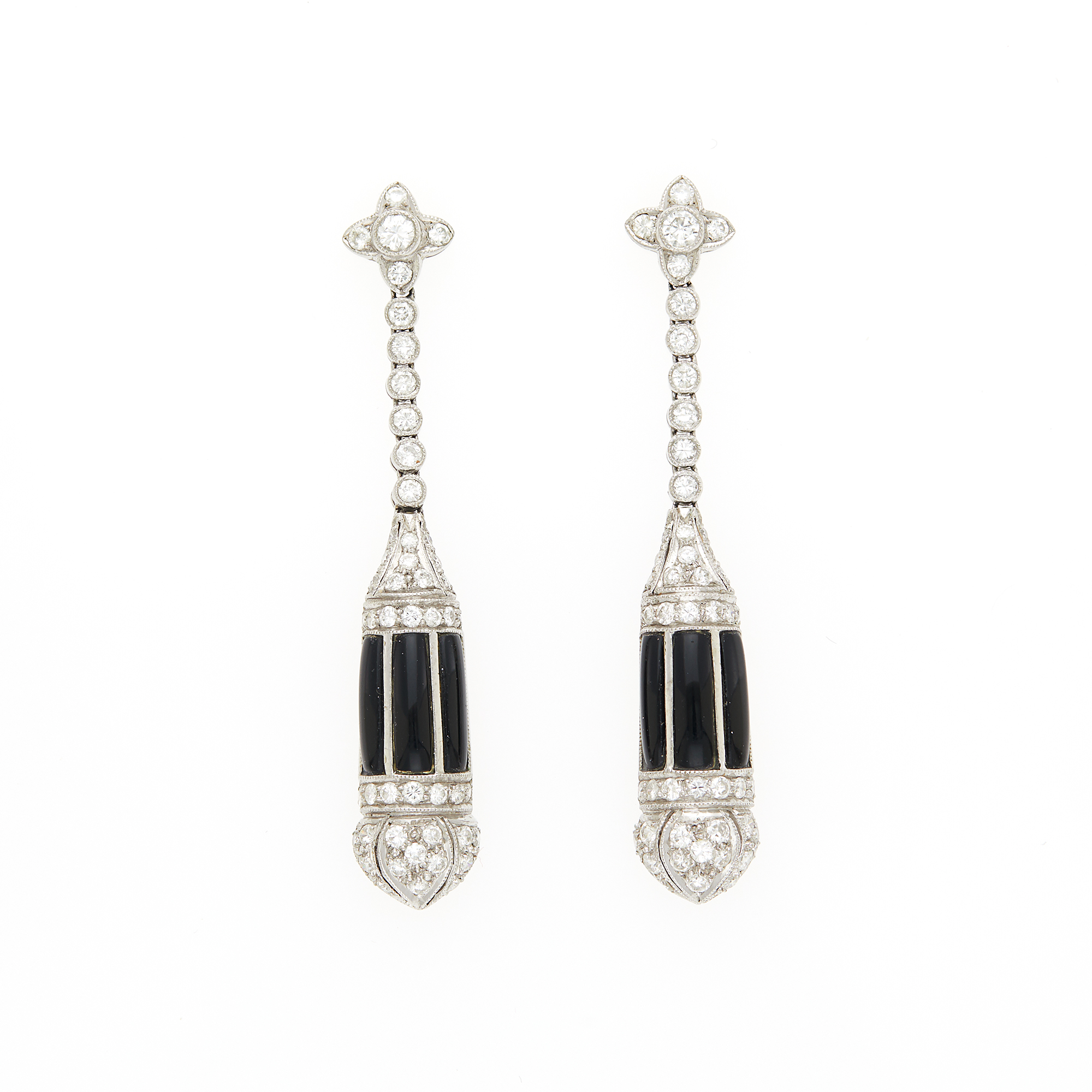 Lot image - Pair of White Gold, Black Onyx and Diamond Pendant-Earrings
