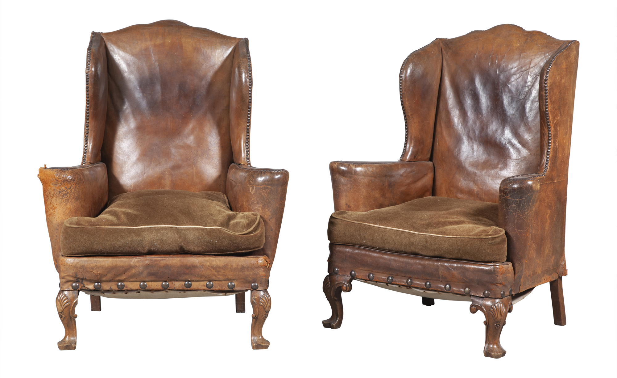 Lot image - Pair of George II Style Upholstered Oak Wing Chairs