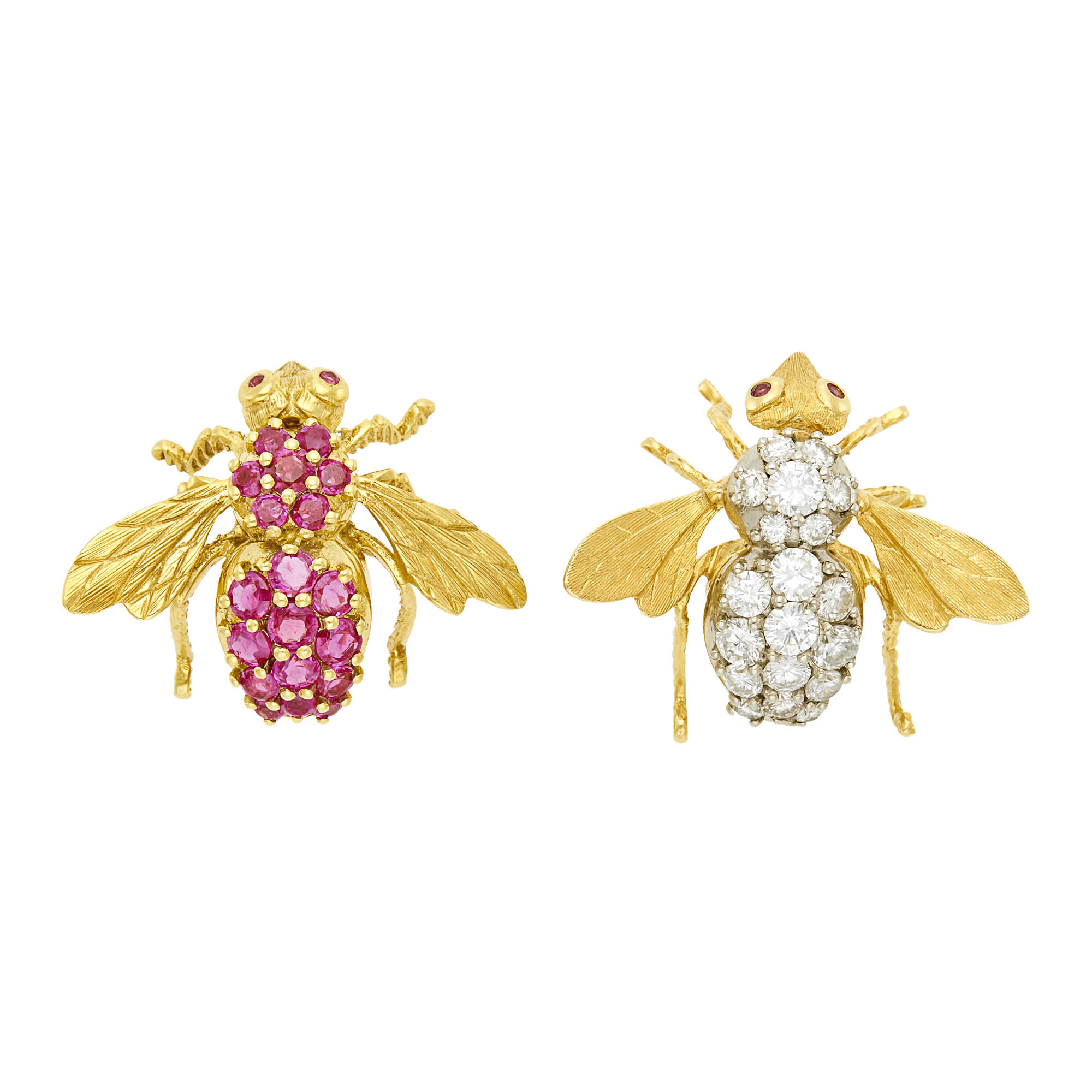 Lot image - Two-Color Gold and Diamond Bee Pin and Herb Rosenthal Gold and Ruby Bee Pin