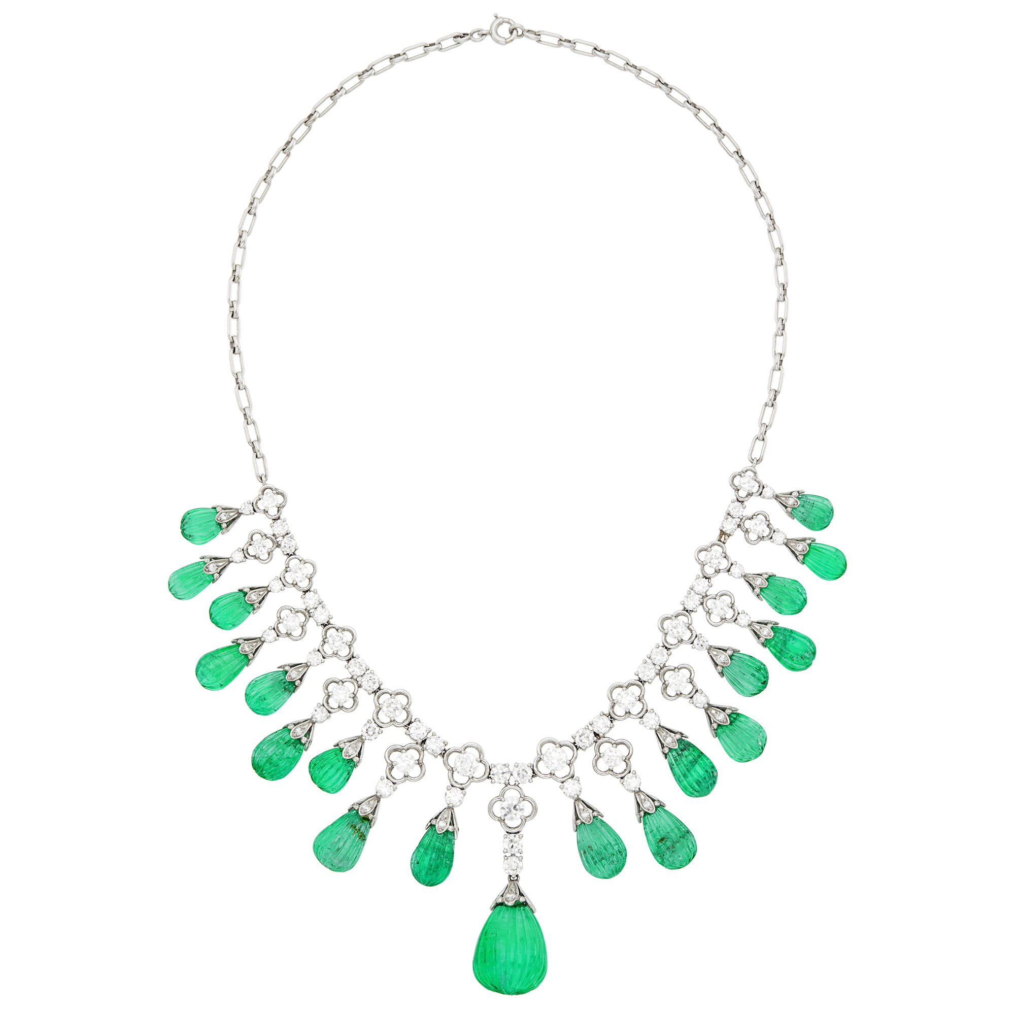 Lot image - Tiffany & Co. Platinum, Carved Emerald and Diamond Fringe Necklace