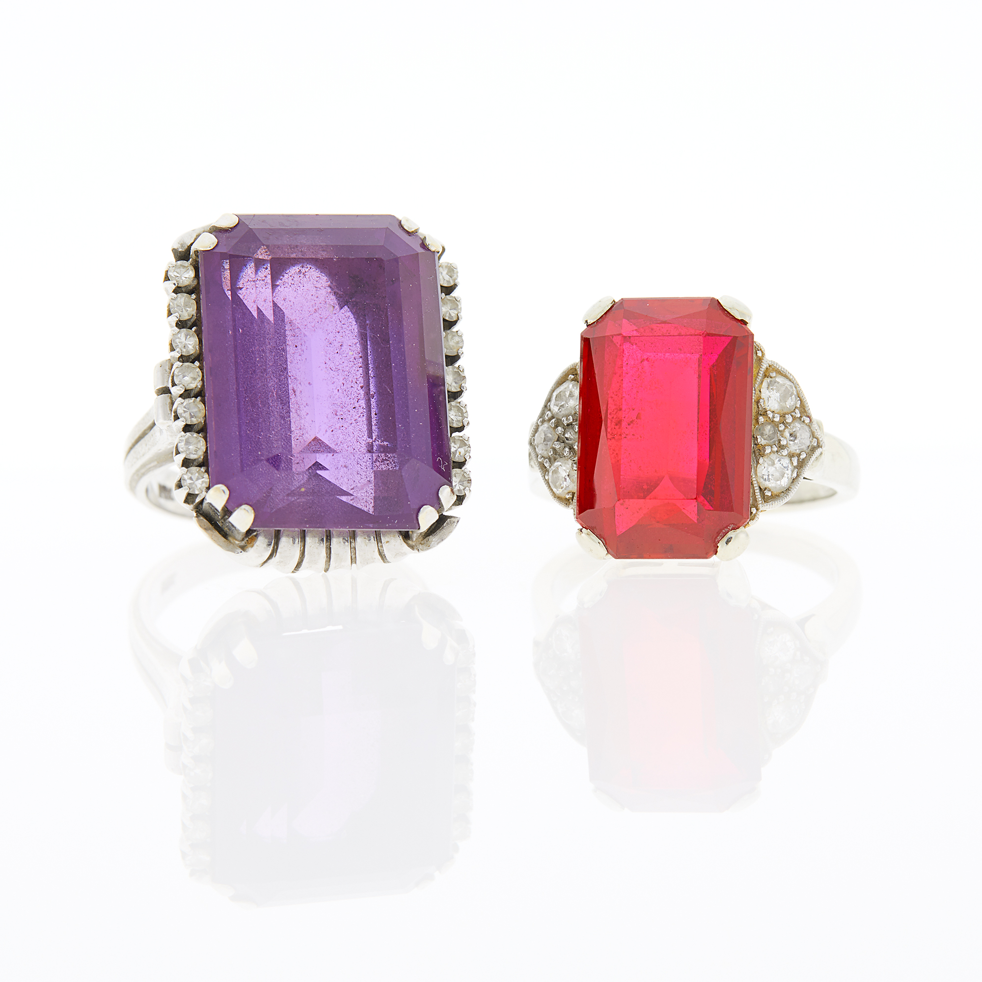 Lot image - Two White Gold, Amethyst, Synthetic Ruby and Diamond Rings