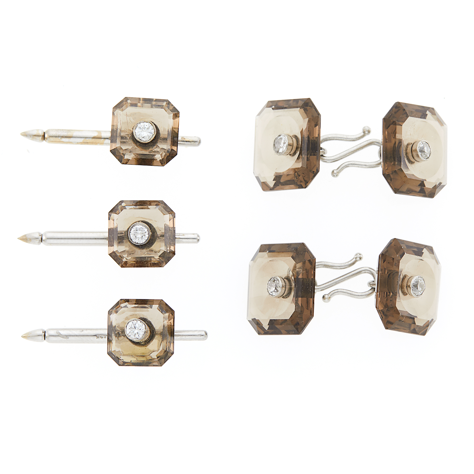 Lot image - Gentlemans Smoky Quartz, Platinum, White Gold and Diamond Dress Set