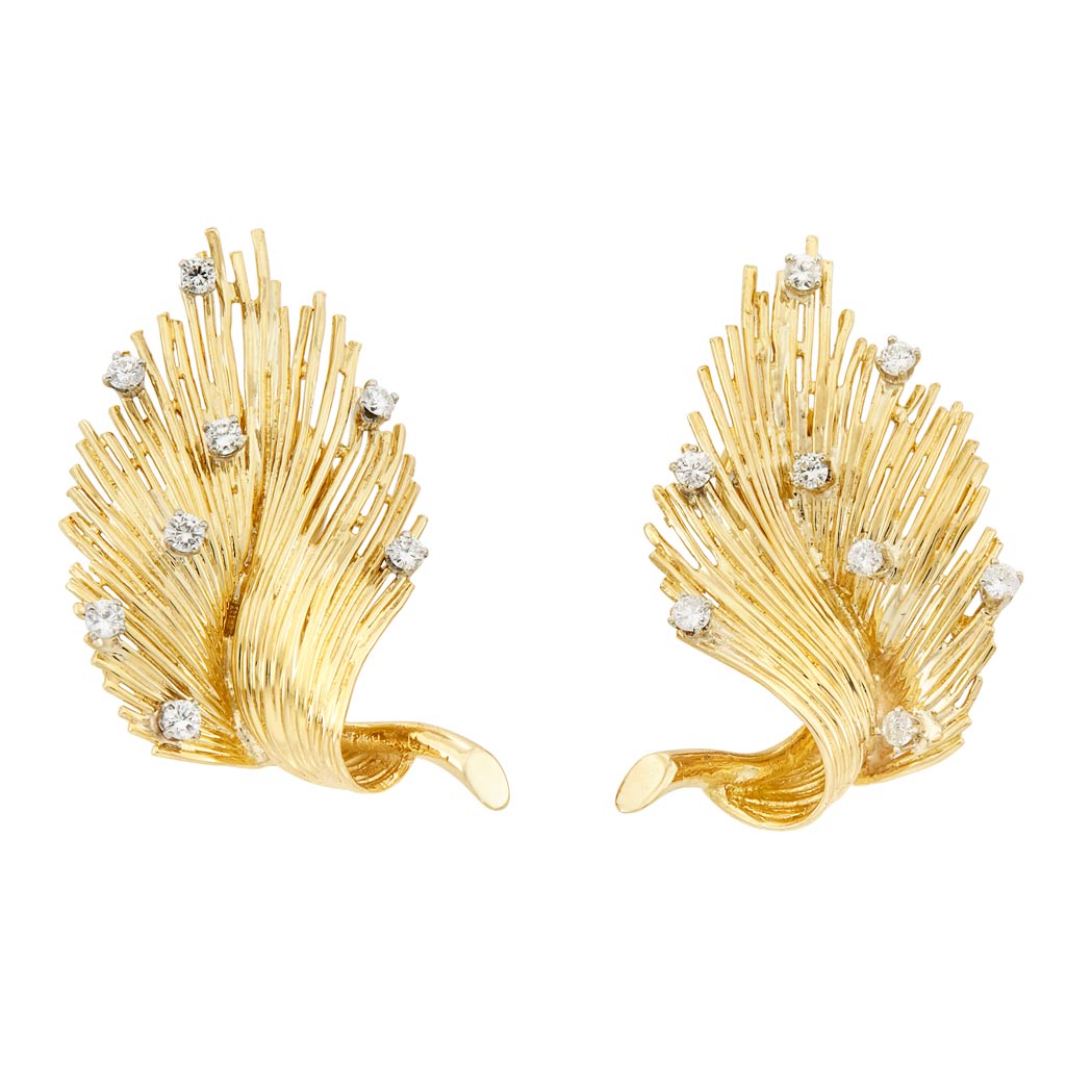 Lot image - Pair of Two-Color Gold and Diamond Leaf Earclips