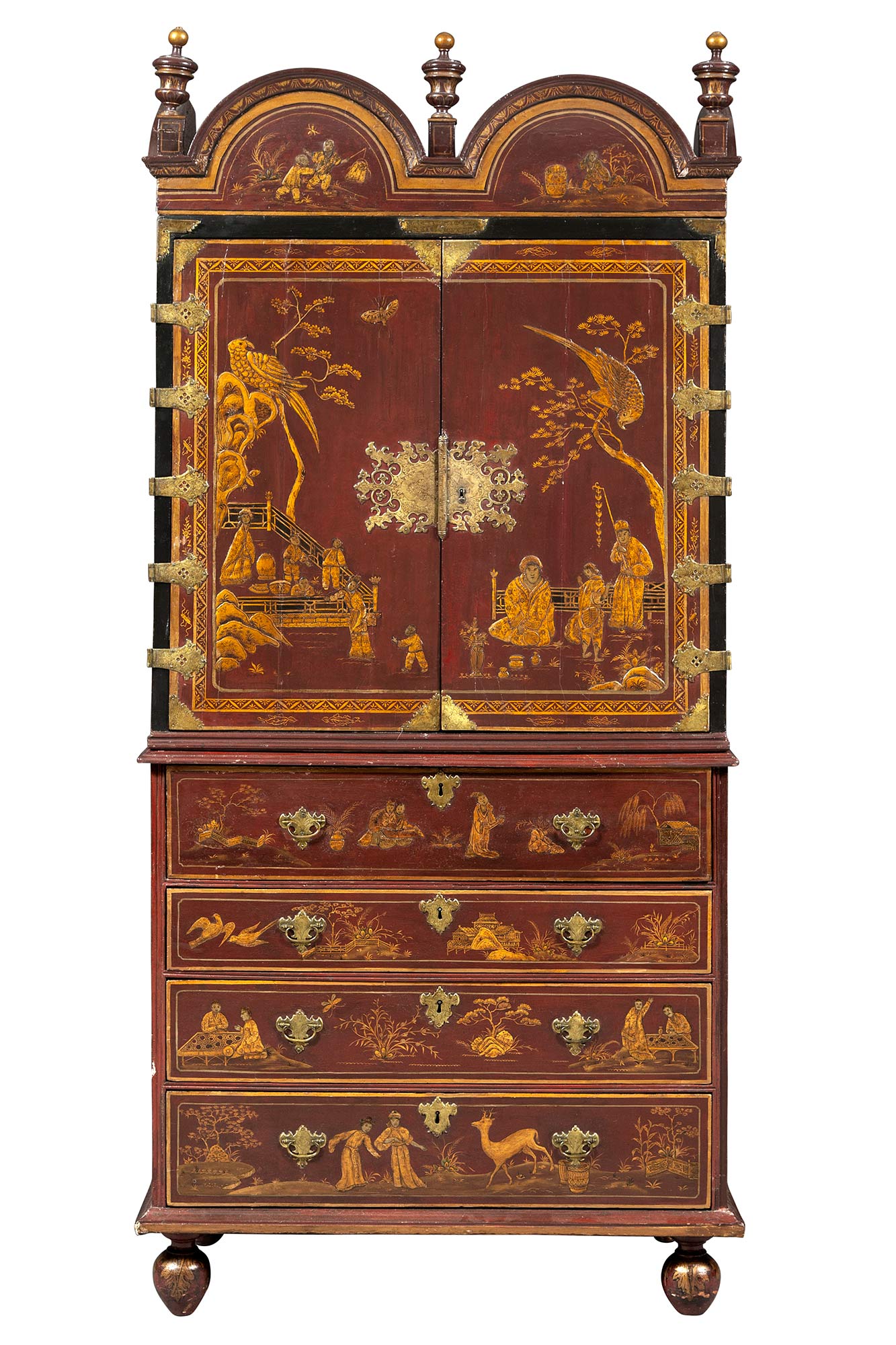 Lot image - Queen Anne Double-Dome Red-Japanned and Parcel-Gilt Cabinet on Chest