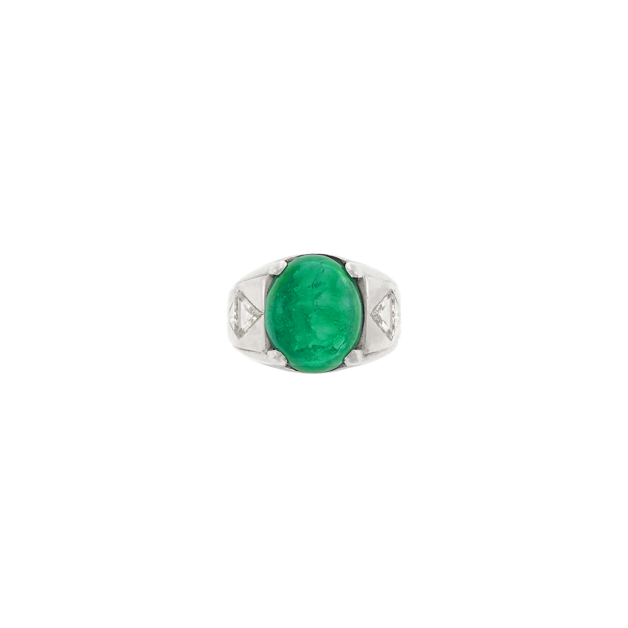 Lot image - Gentlemans Platinum, Cabochon Emerald and Diamond Ring