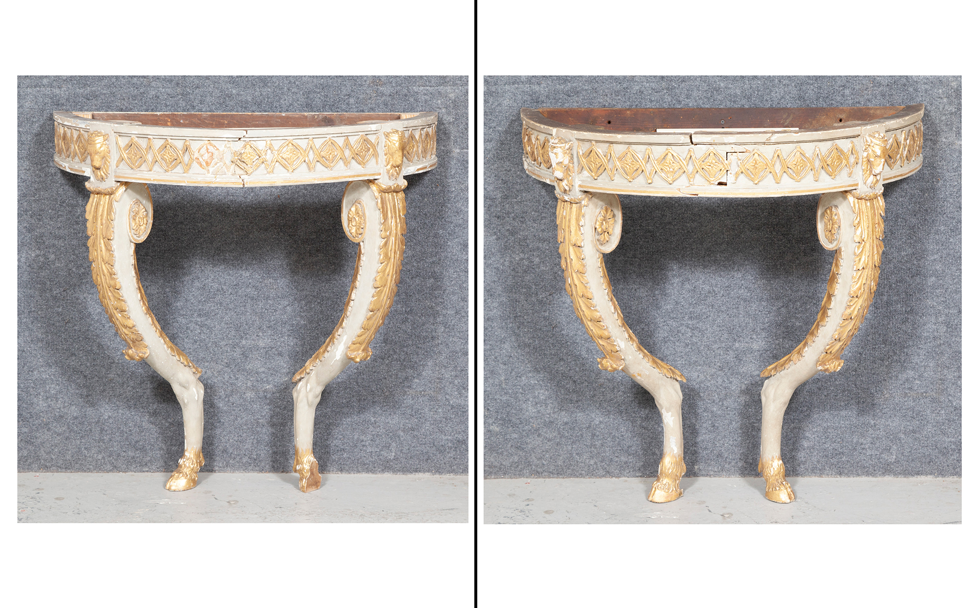 Lot image - Pair of ? Style Painted and Parcel Gilt Wood Console Tables