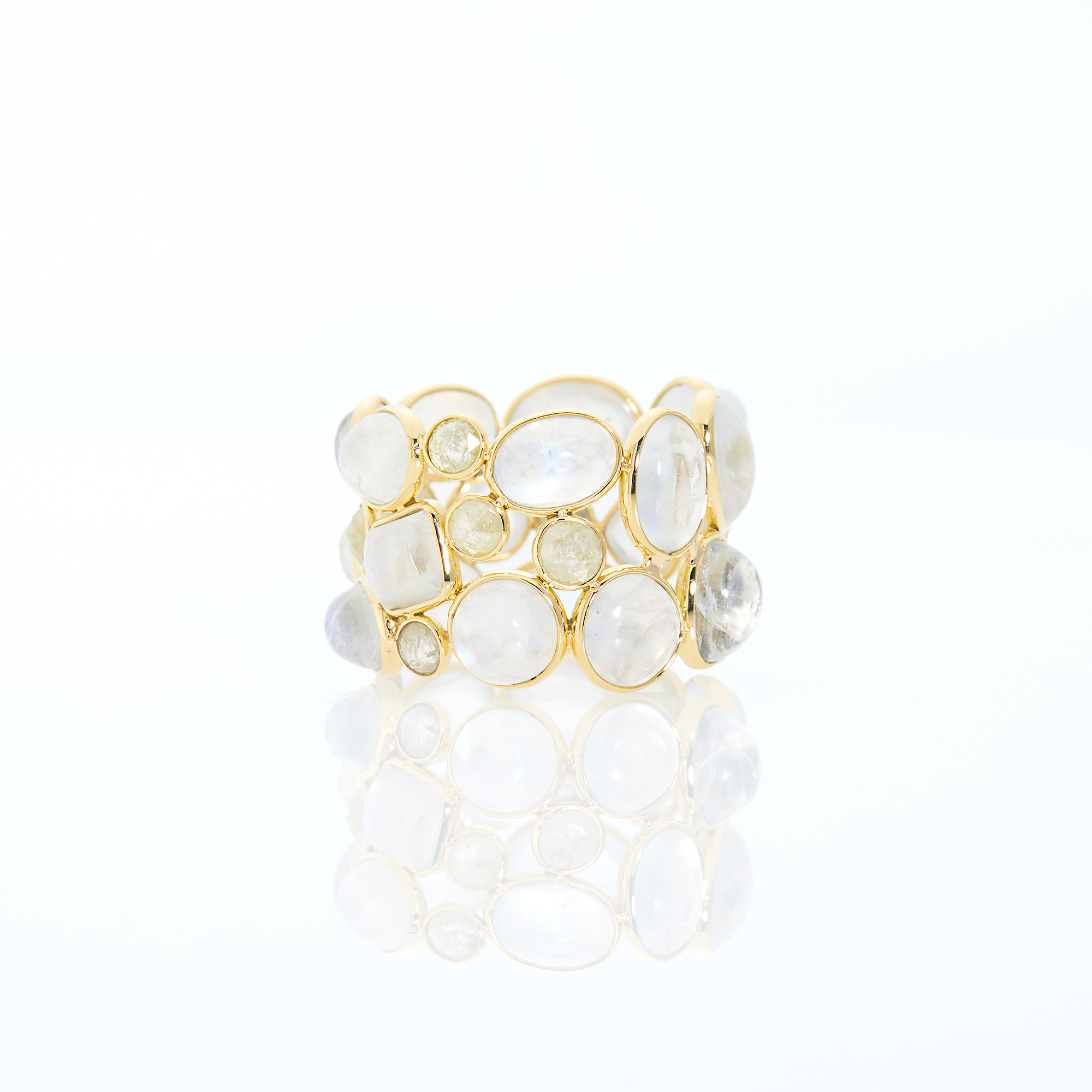 Lot image - Wide Gold, Moonstone and Diamond Band Ring