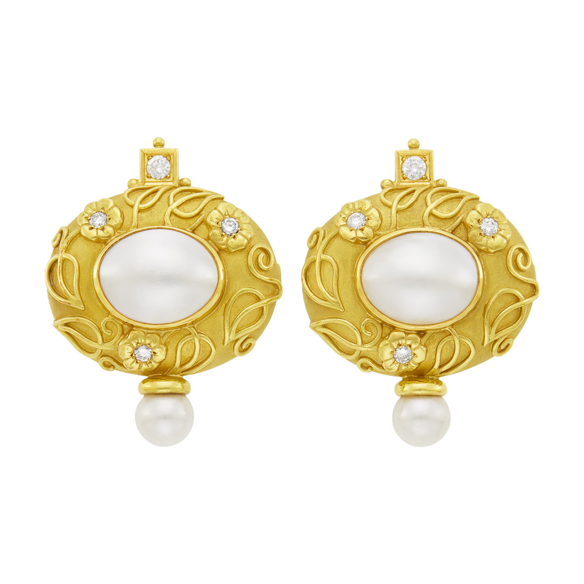 Lot image - Elizabeth Gage Pair of Gold, Mabé Pearl, Cultured Pearl and Diamond Earclips