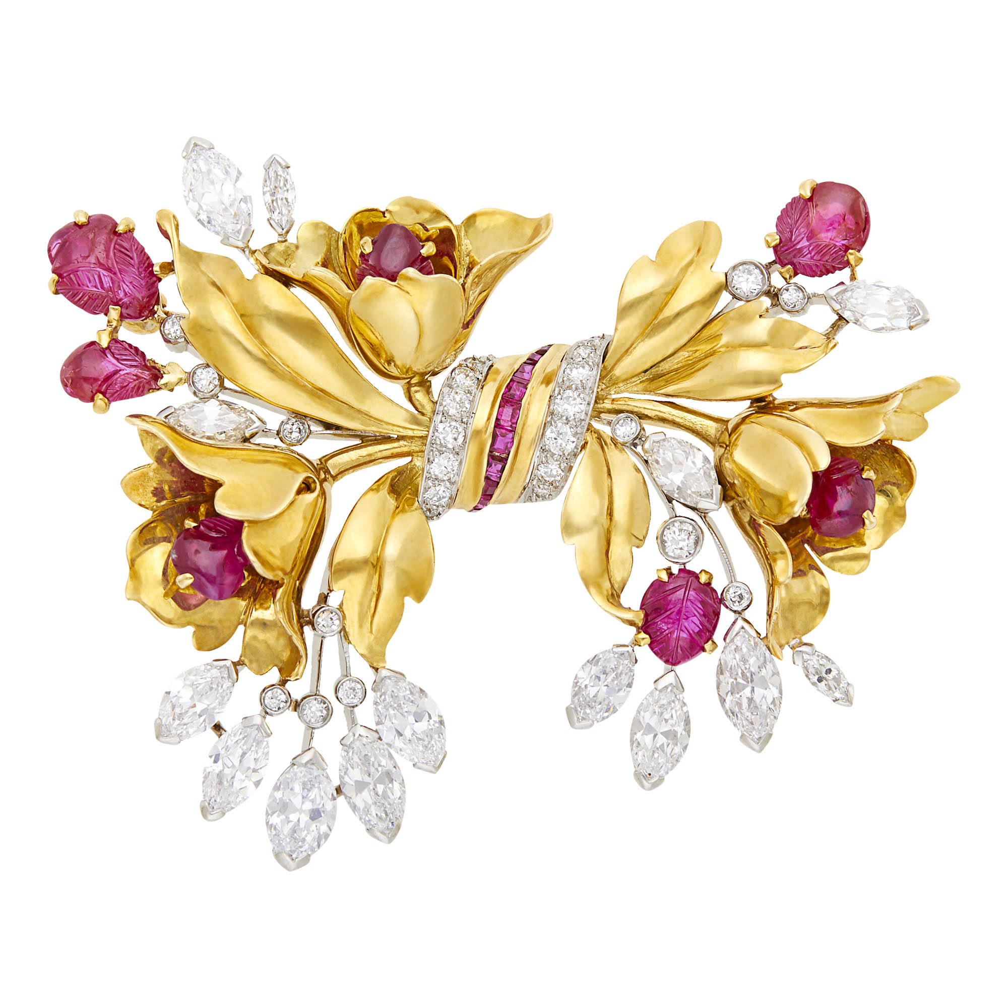 Lot image - Gold, Platinum, Diamond and Carved Ruby Floral Bow Brooch