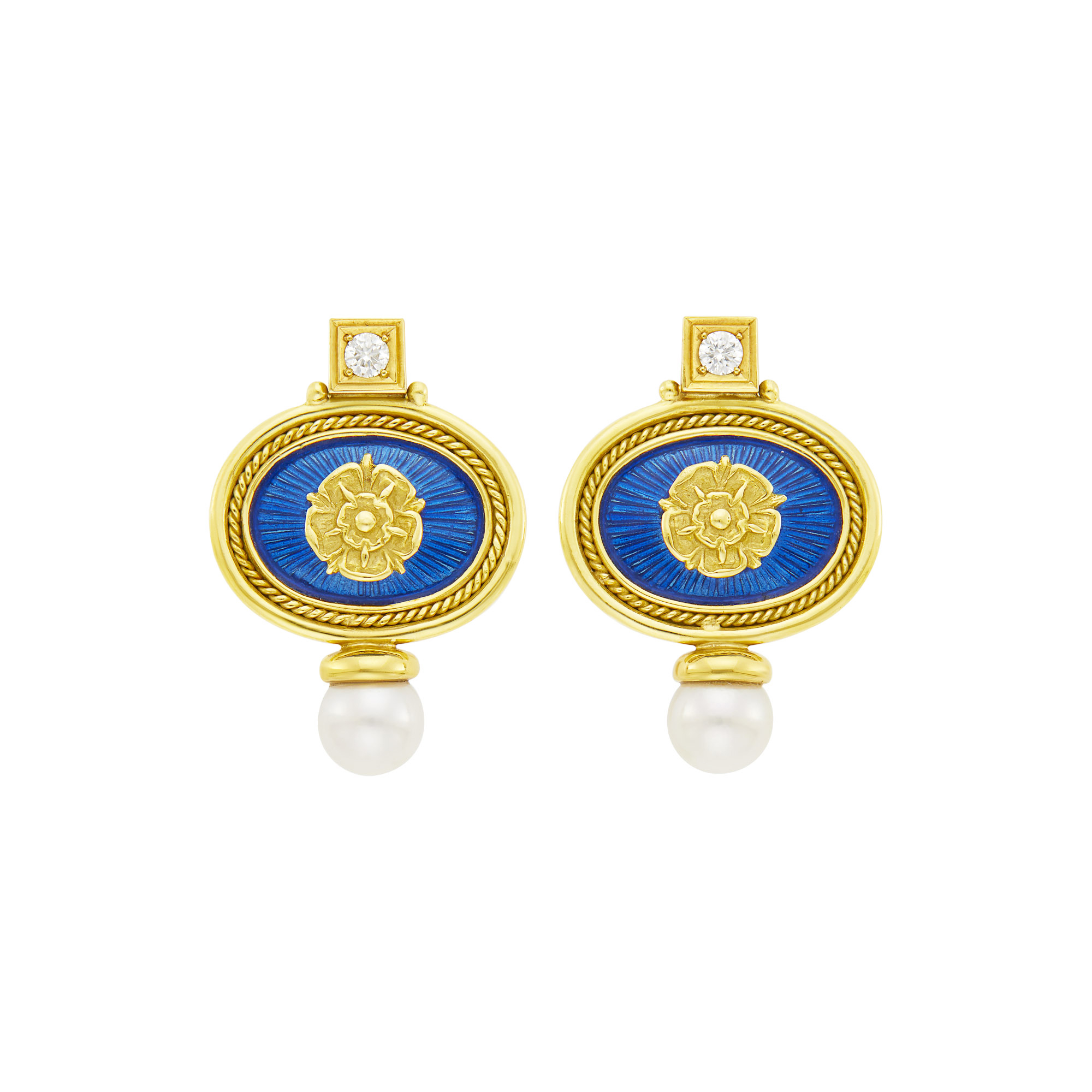 Lot image - Elizabeth Gage Pair of Gold, Blue Enamel, Cultured Pearl and Diamond Earclips