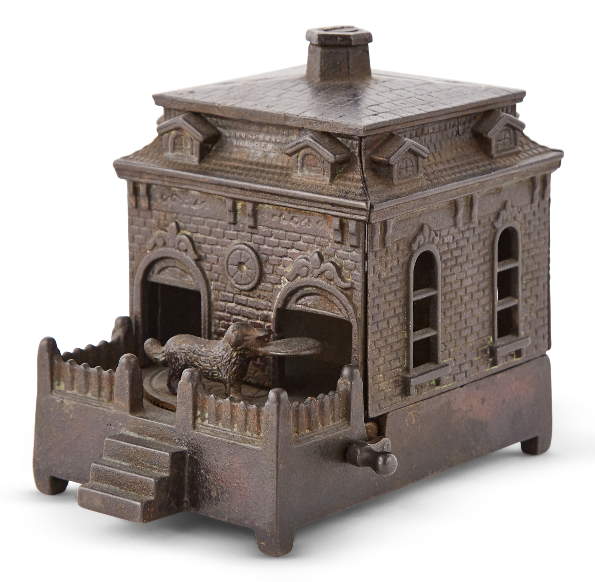 Lot image - Cast Iron Mechanical Bank  Dog on a Turntable.