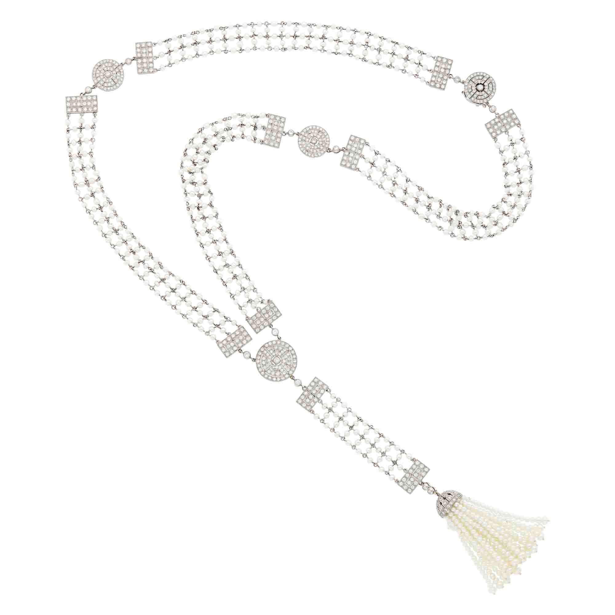 Lot image - Platinum, Seed Pearl and Diamond Sautoir