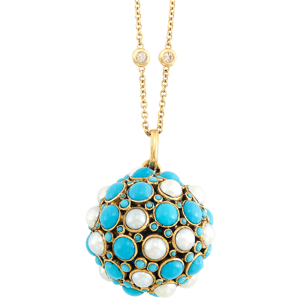 Lot image - Gold, Turquoise and Split Pearl Ball Pendant with Long Gold and Diamond Chain Necklace