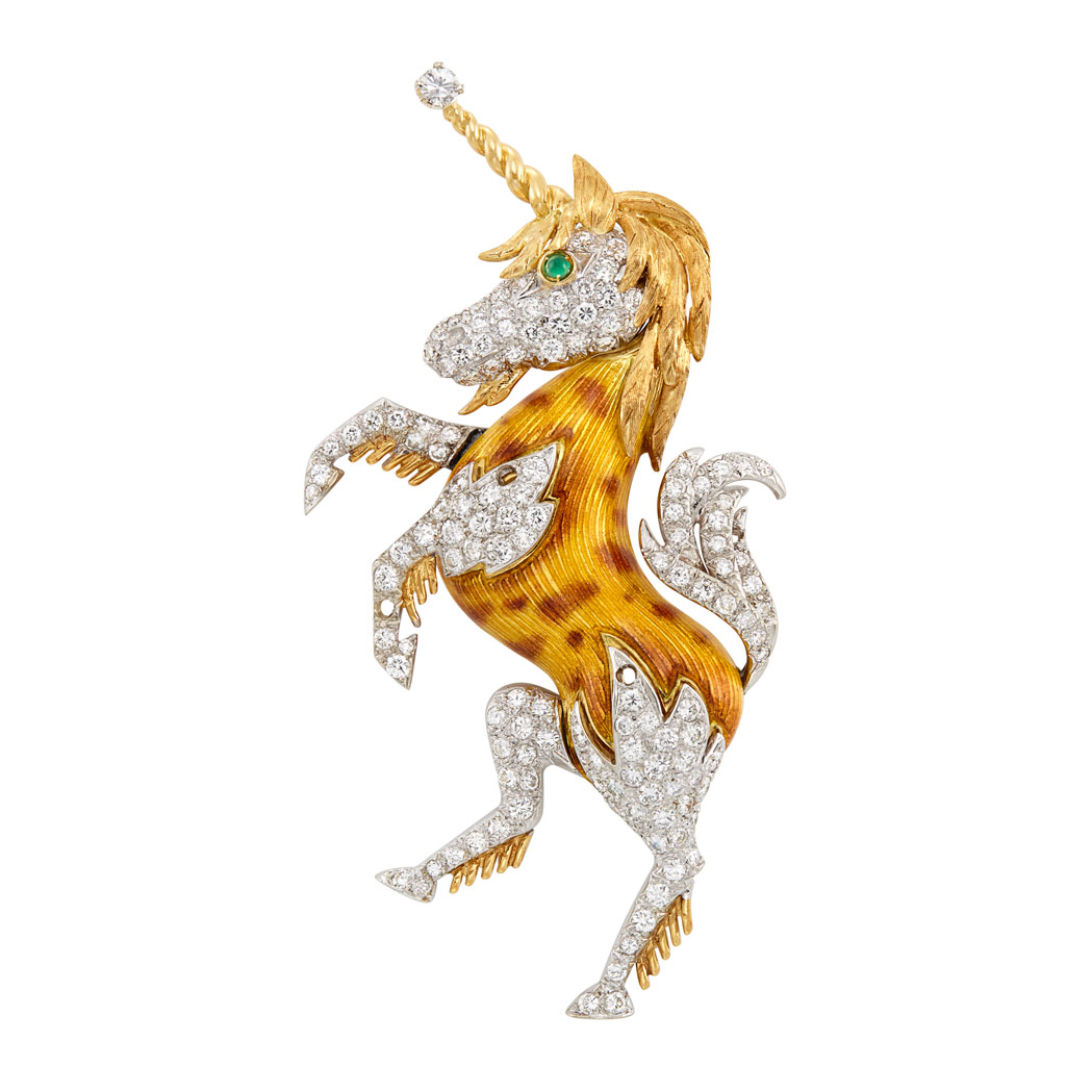 Lot image - Two-Color Gold, Enamel and Diamond Unicorn Brooch