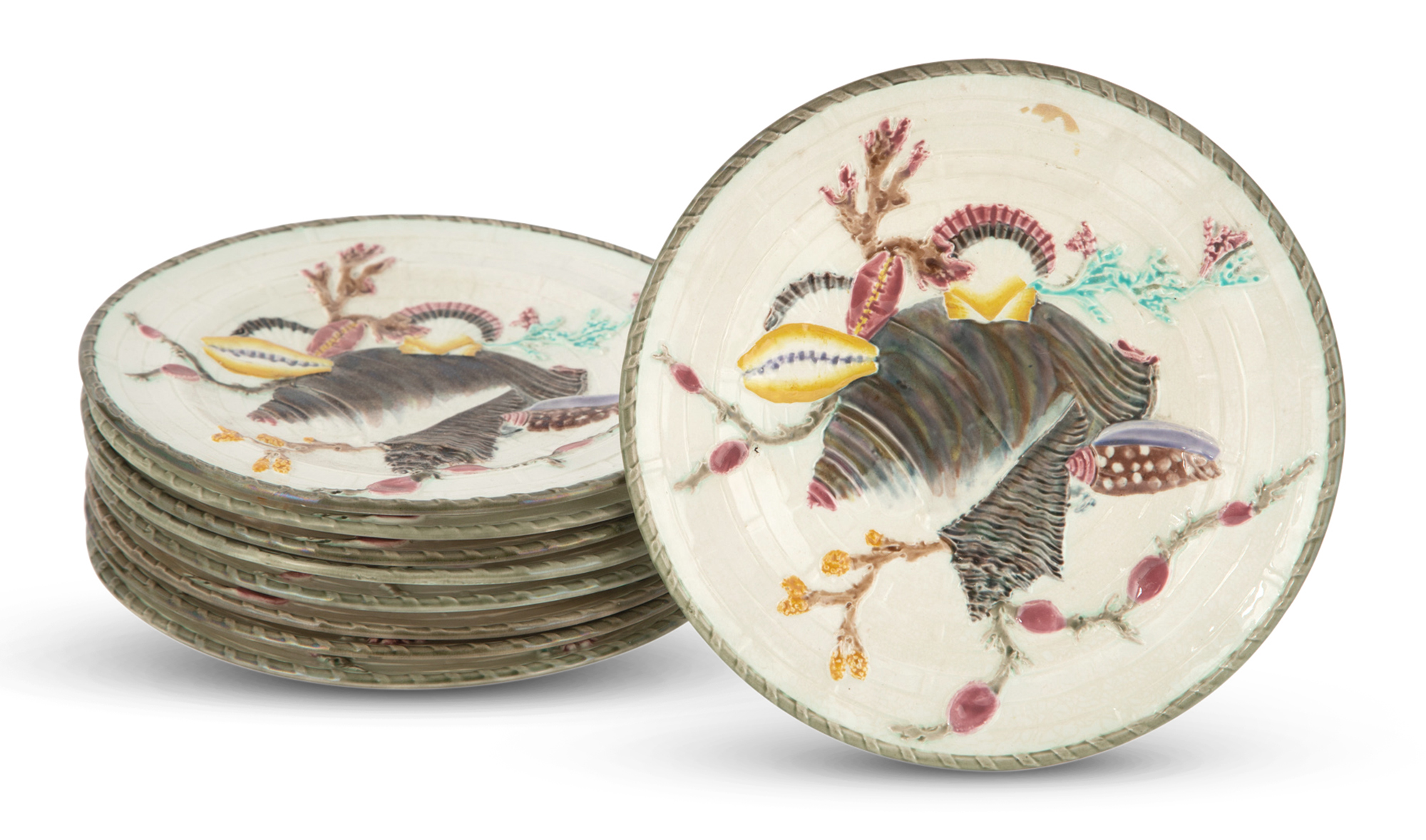 Lot image - Nine Josiah Wedgwood & Sons Majolica Argenta Ocean Pattern Plates