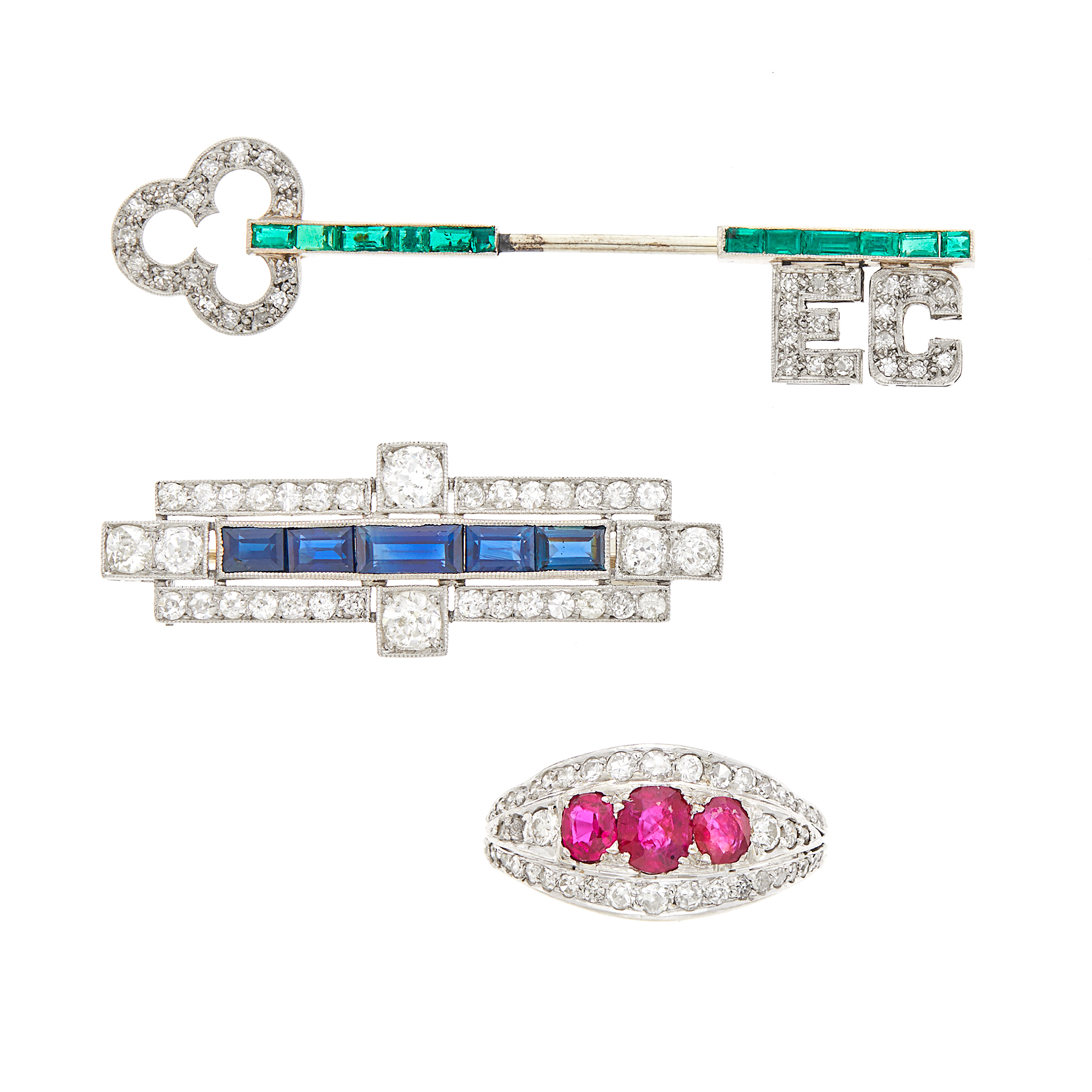 Lot image - Platinum, White Gold, Diamond and Colored Stone Brooch, Jabot Pin and Ring