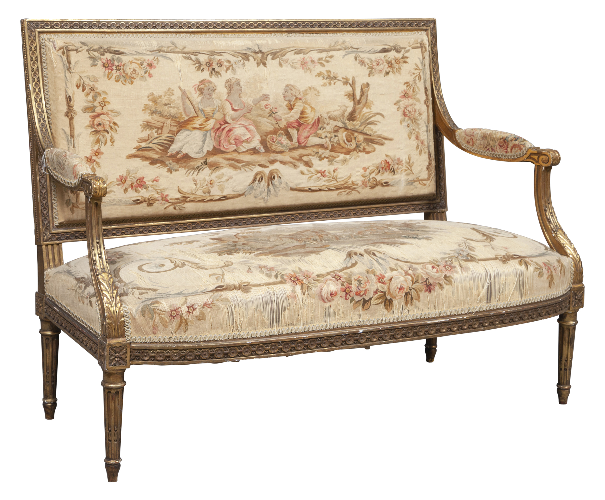 Lot image - Louis XVI Style Tapestry Upholstered Giltwood Settee