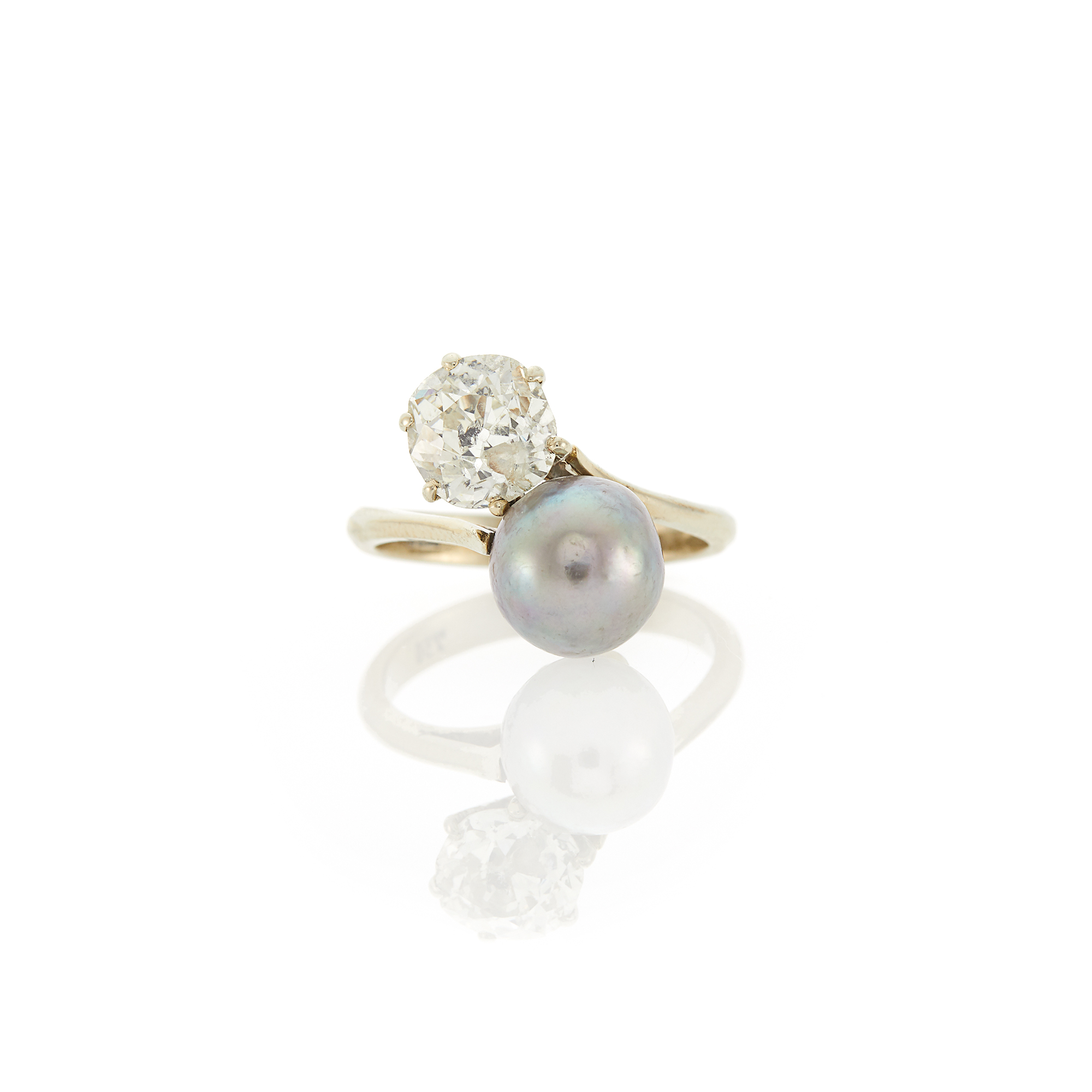 Lot image - White Gold, Semi-Baroque Gray Cultured Pearl and Diamond Crossover Ring
