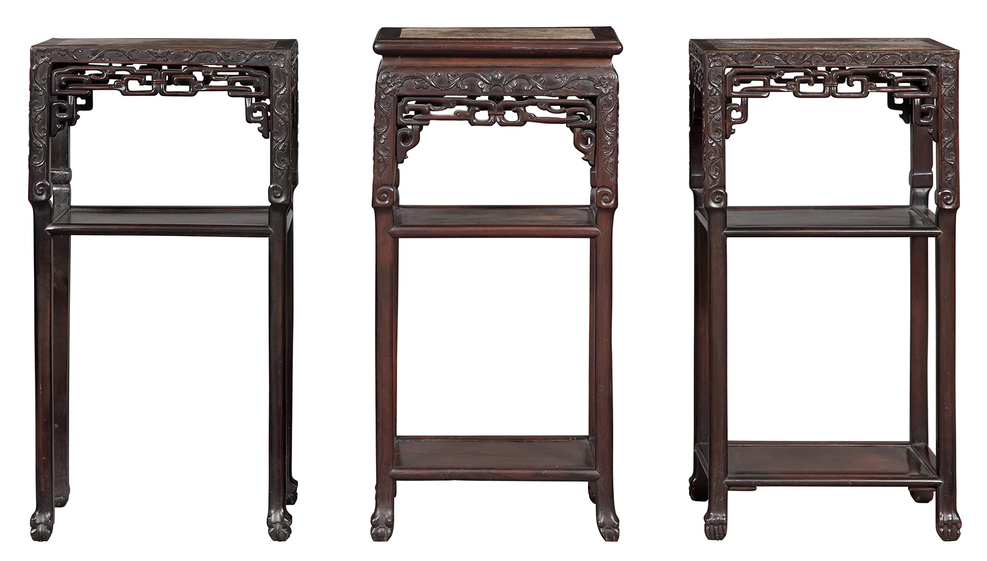 Lot image - Three Chinese Marble Inset Carved Hardwood Stands