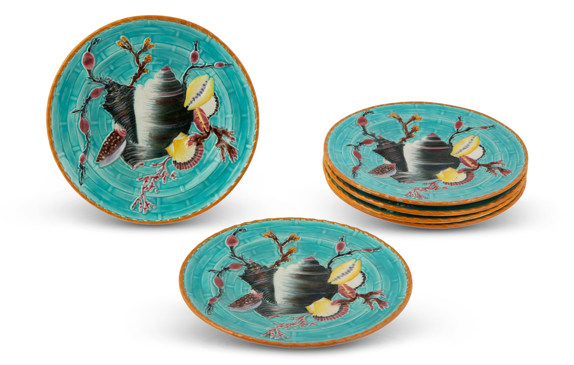 Lot image - Six Josiah Wedgwood & Sons Majolica Turquoise-Ground Ocean Pattern Plates