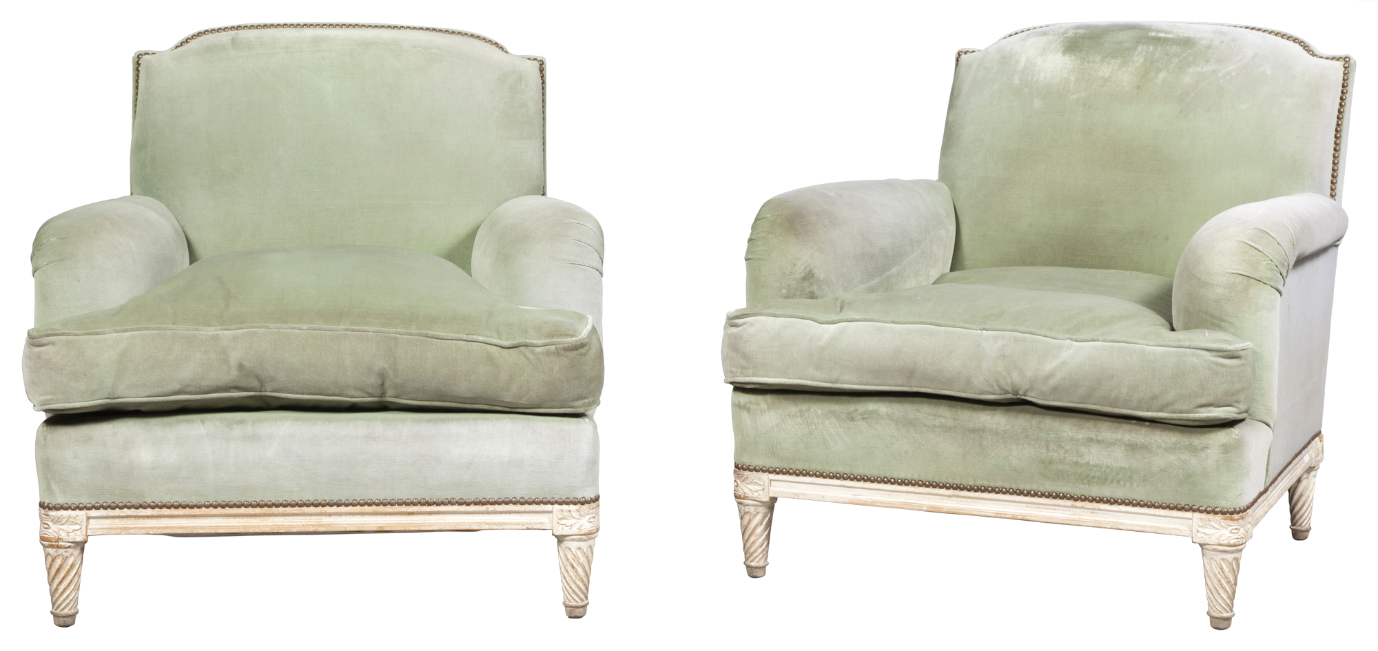 Lot image - Pair of Louis XVI Style Velvet Upholstered Club Chairs