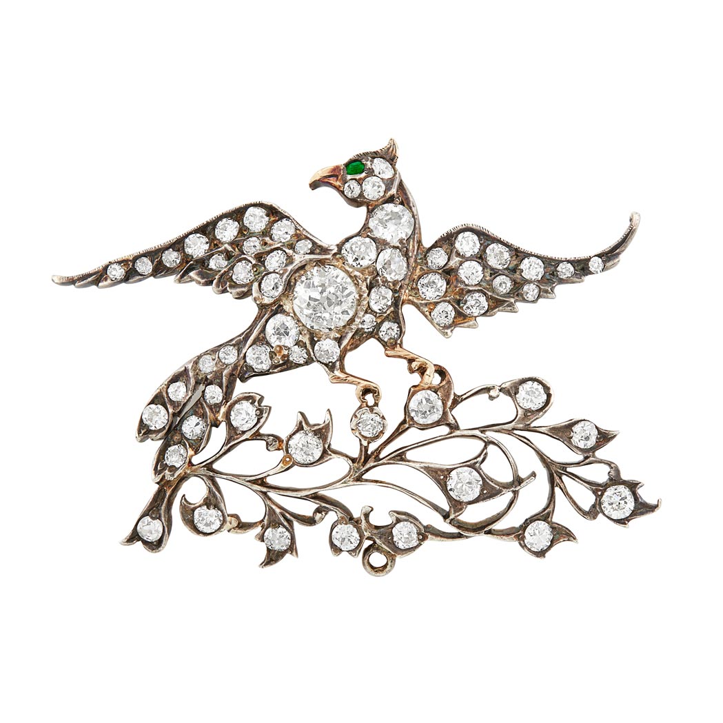 Lot image - Antique Silver-Topped Gold, Diamond and Emerald Bird Brooch
