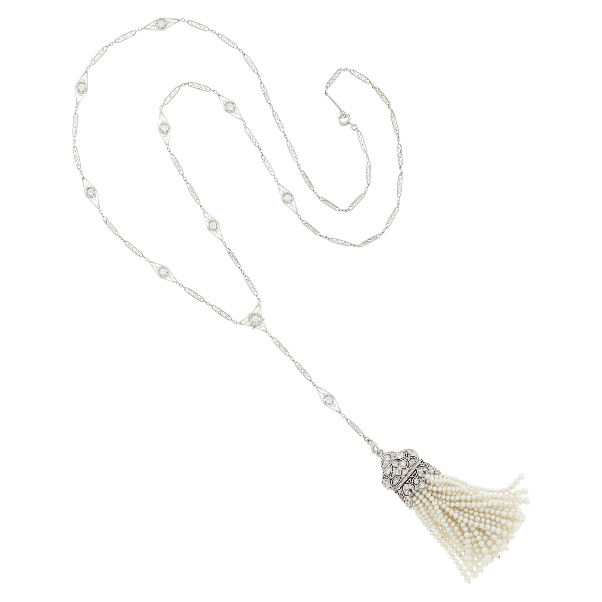Lot image - Edwardian Platinum, Diamond and Seed Pearl Tassel Pendant-Chain Necklace