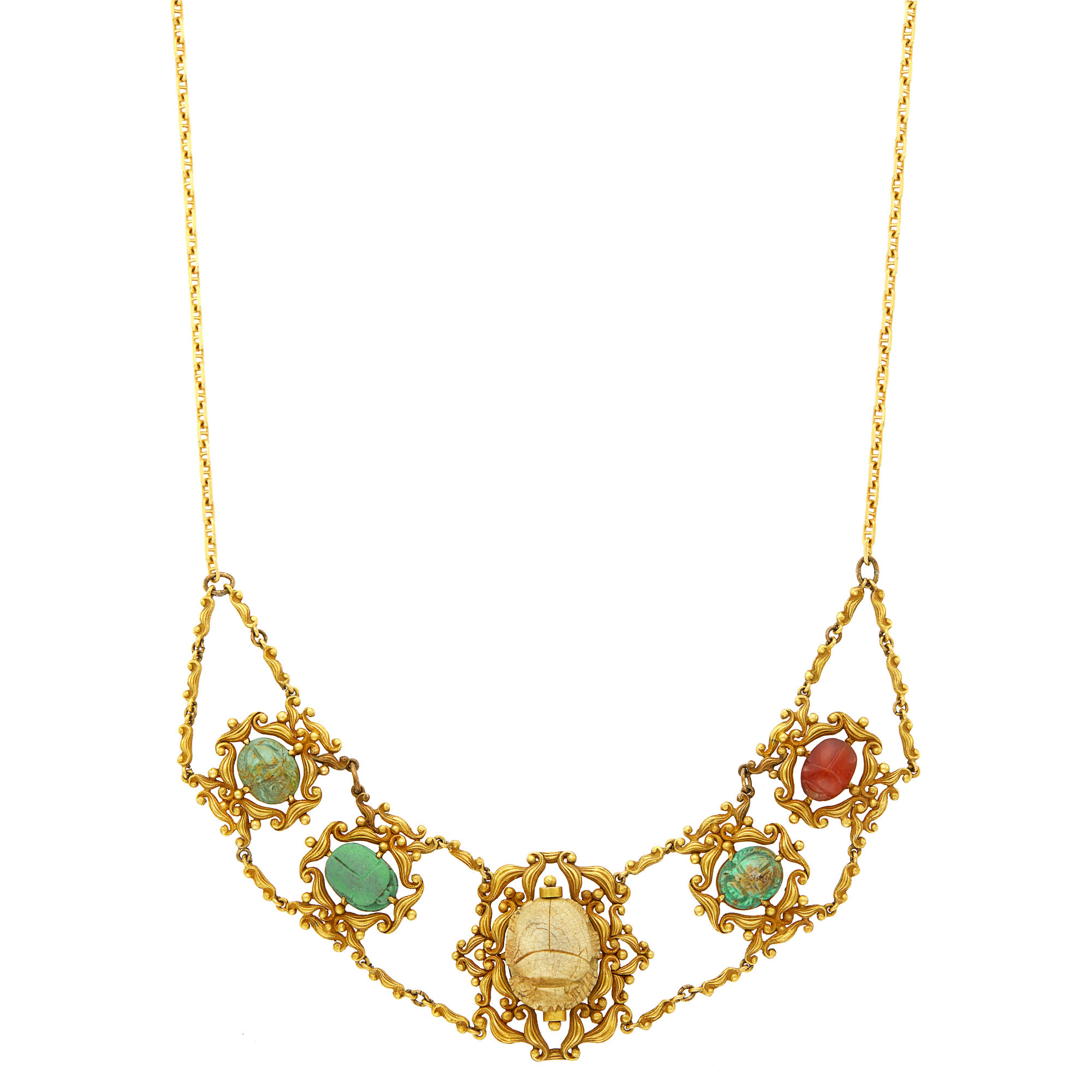 Lot image - Antique Gold, Faience and Hardstone Scarab Necklace