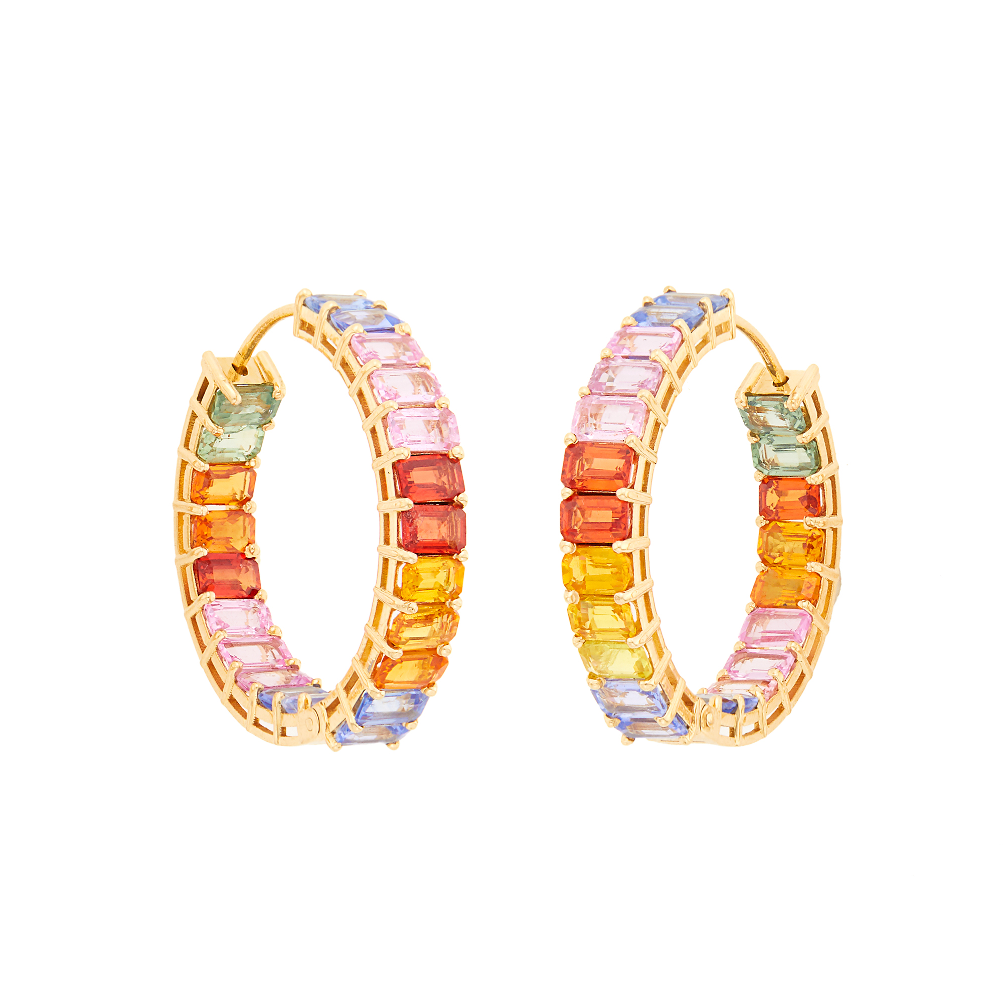 Lot image - Gold, Multicolored Sapphire and Diamond Hoop Earrings
