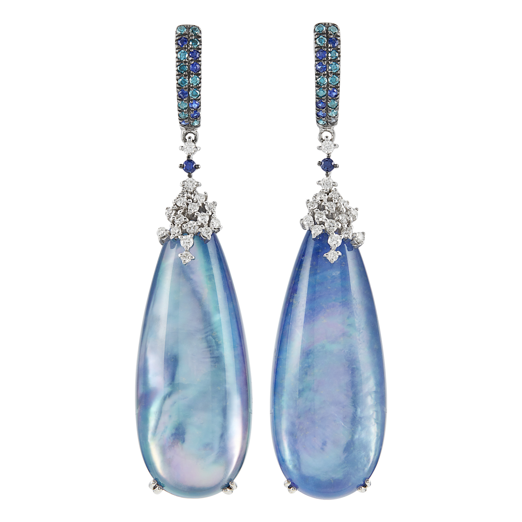 Lot image - Pair of White Gold, Diamond, Sapphire, Crystal-Topped Abalone and Lapis Lazuli Pendant Earrings