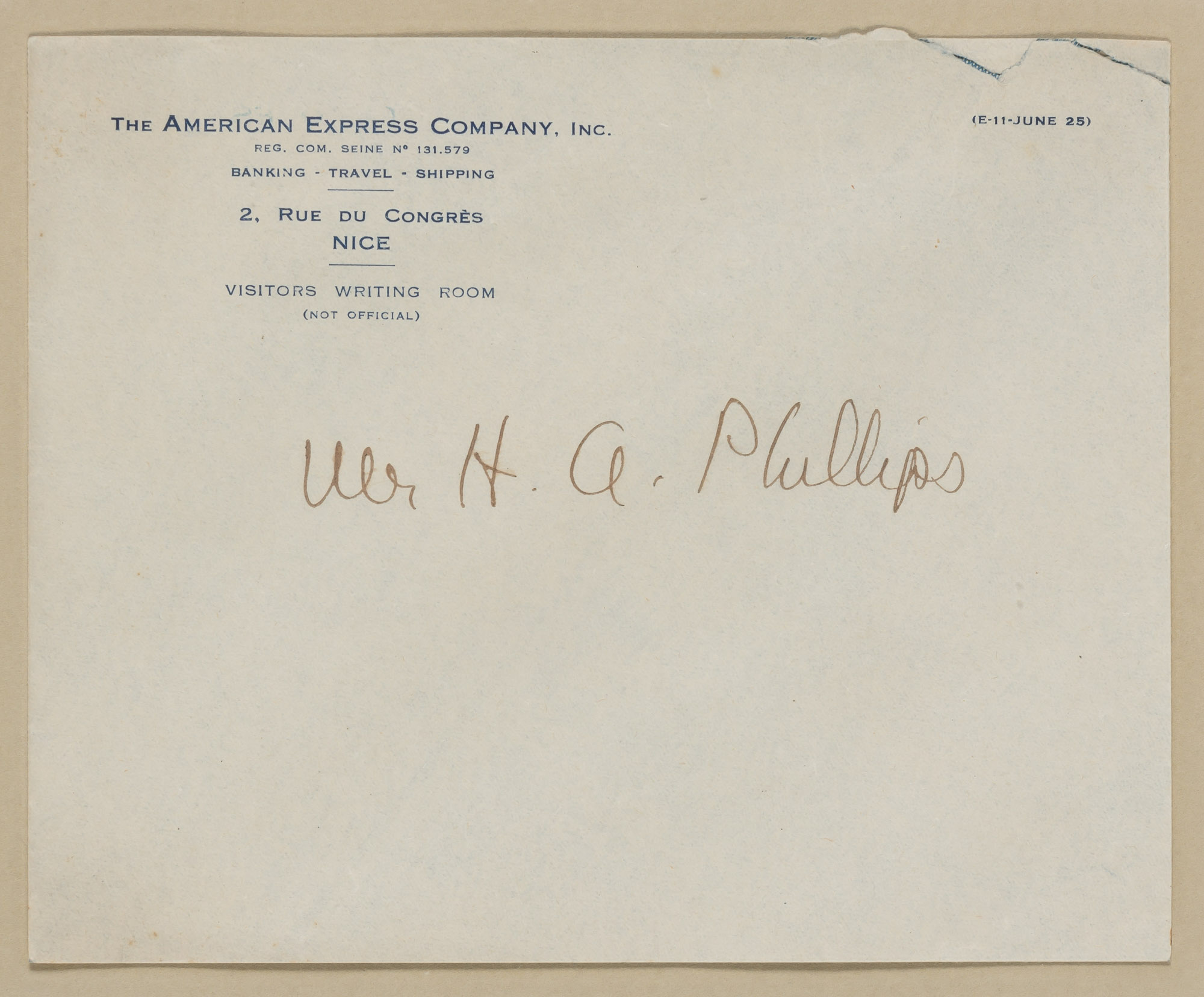 Lot image - [FITZGERALD, F. SCOTT]  Envelope addressed to Mr. H. A. Phillips in Fitzgeralds hand.