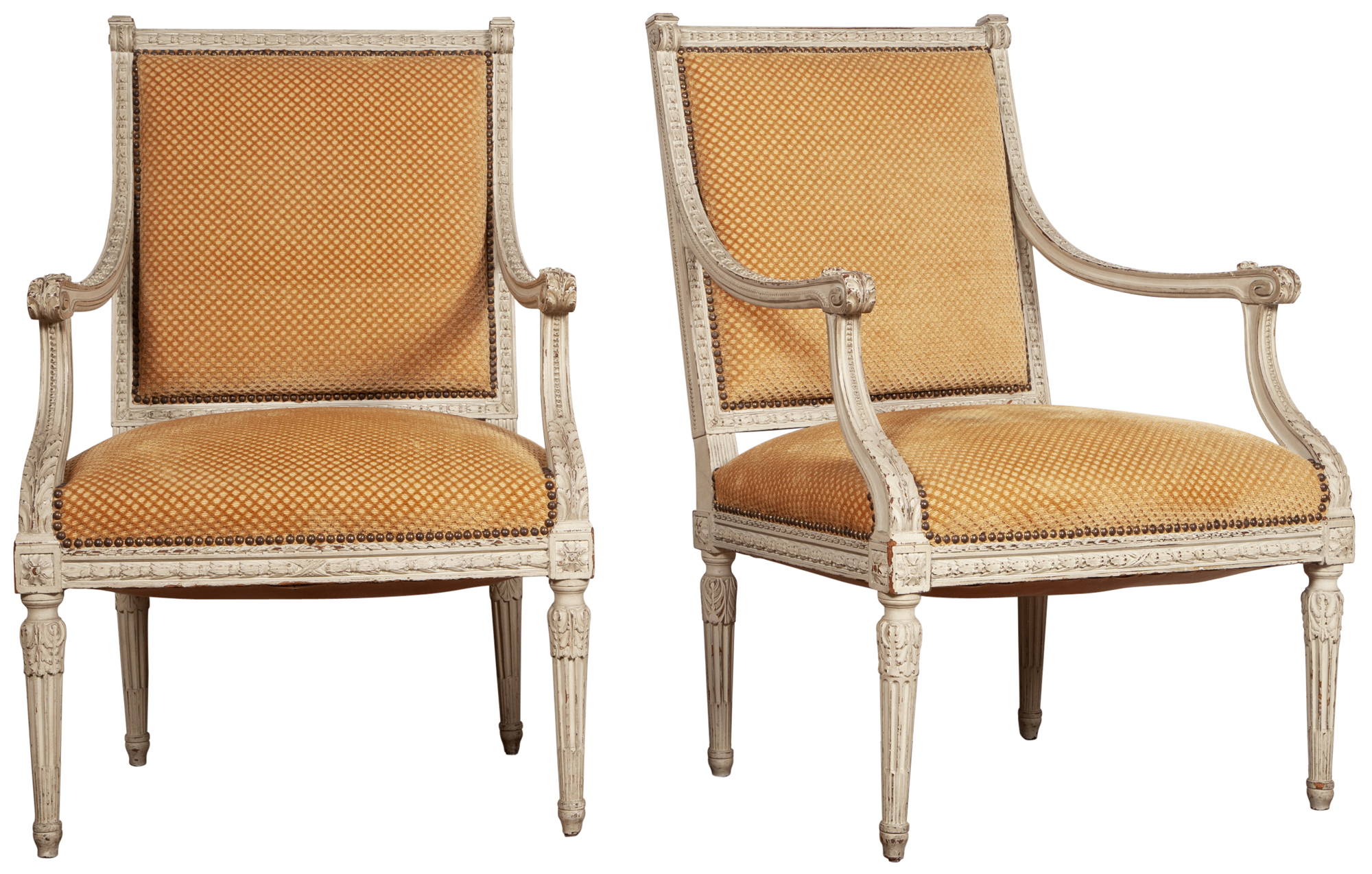 Lot image - Pair of Louis XVI Style Upholstered Painted Wood Fauteuils