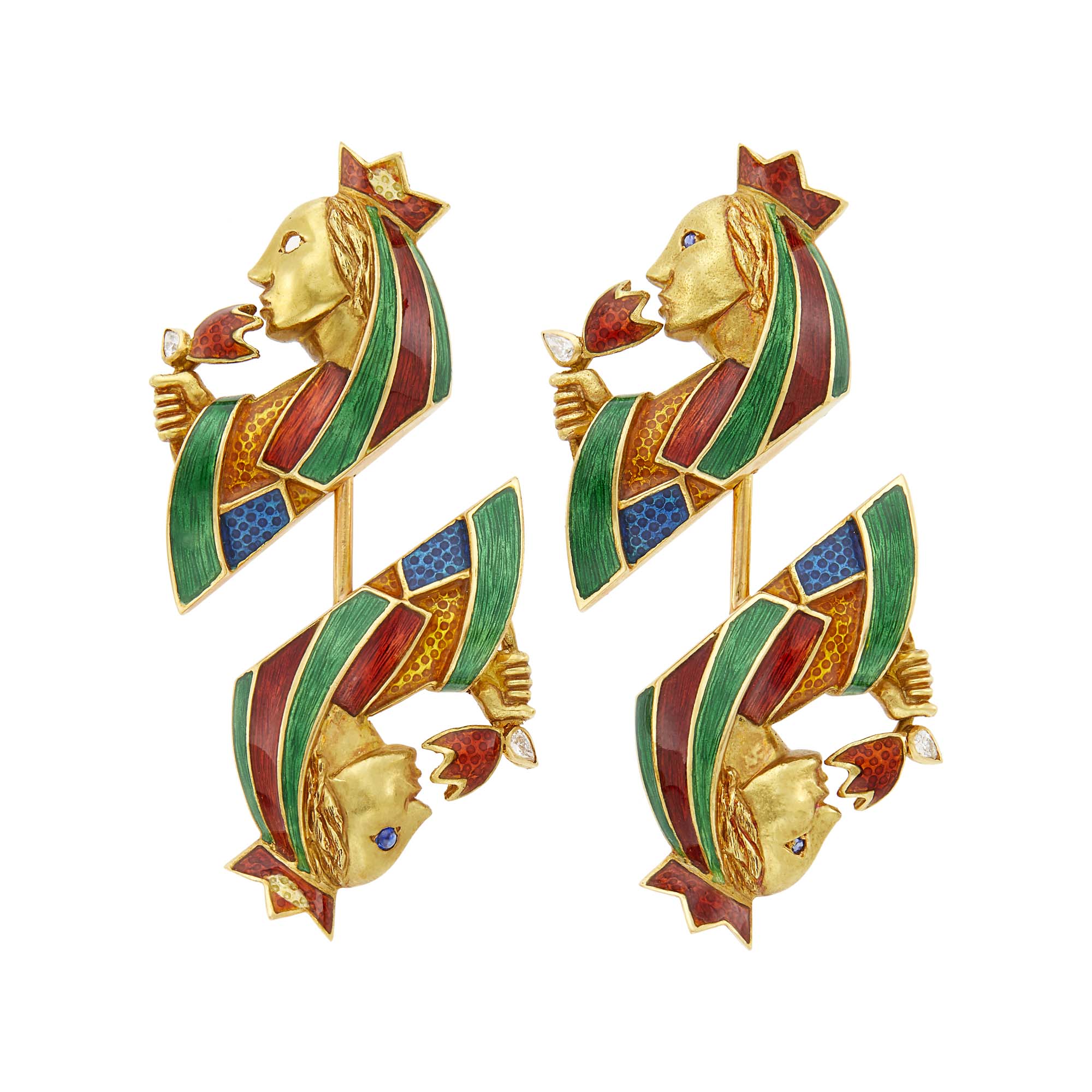 Lot image - Cartier Pair of Gold, Multicolored Enamel and Diamond Queen Jabots, France