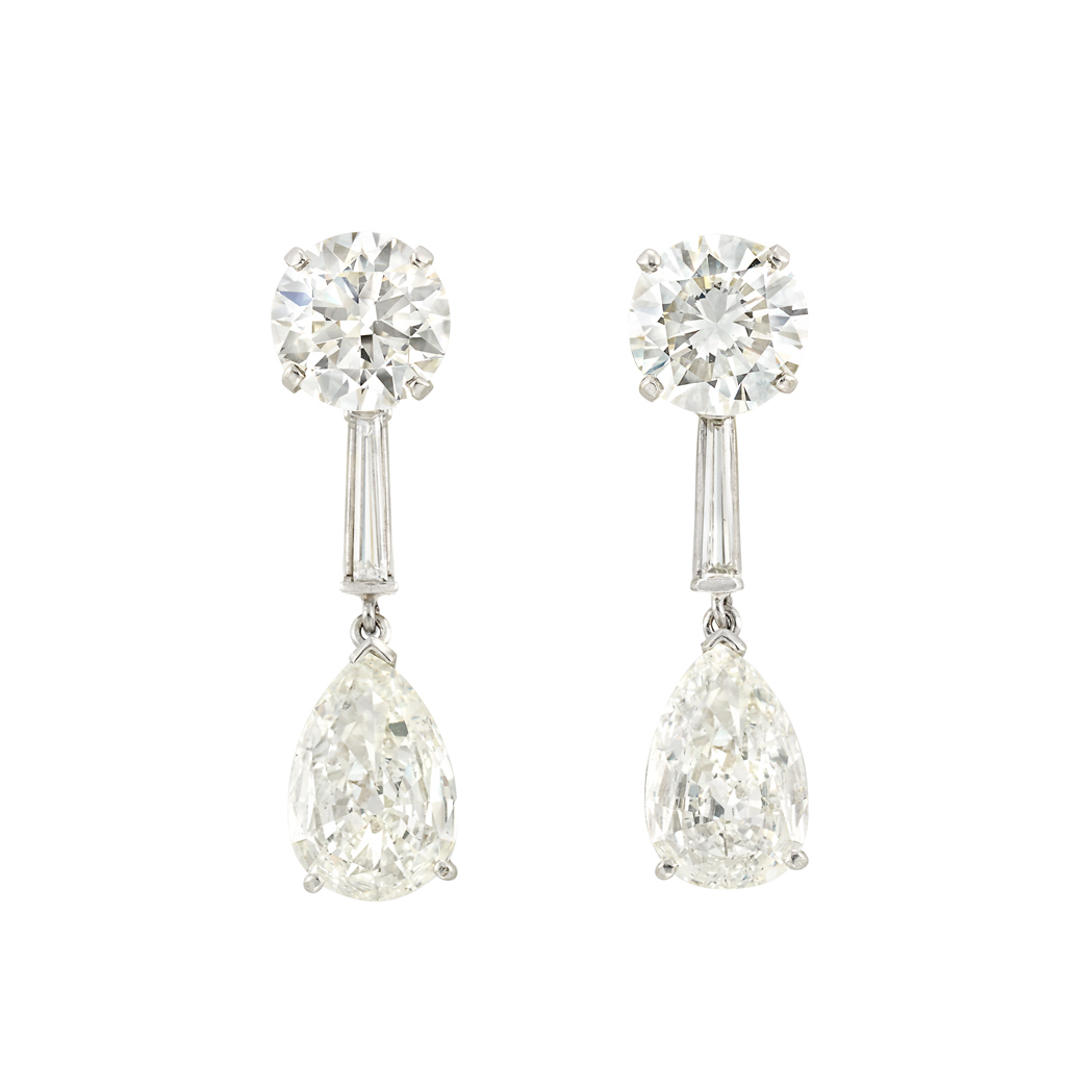 Lot image - Pair of Platinum and Diamond Pendant-Earrings