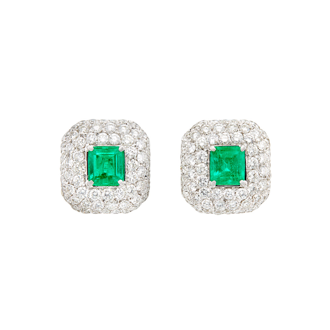 Lot image - Pair of White Gold, Emerald and Diamond Earclips