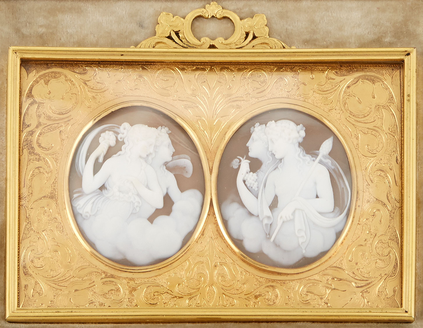 Lot image - Victorian Glass Cameos in Gilt-Copper Frame by Mortimer & Hunt, London